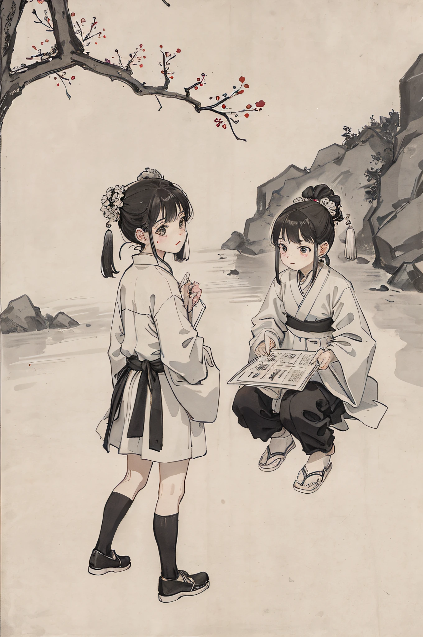 (masterpiece, best quality: 1.2), traditional Chinese ink painting, two children