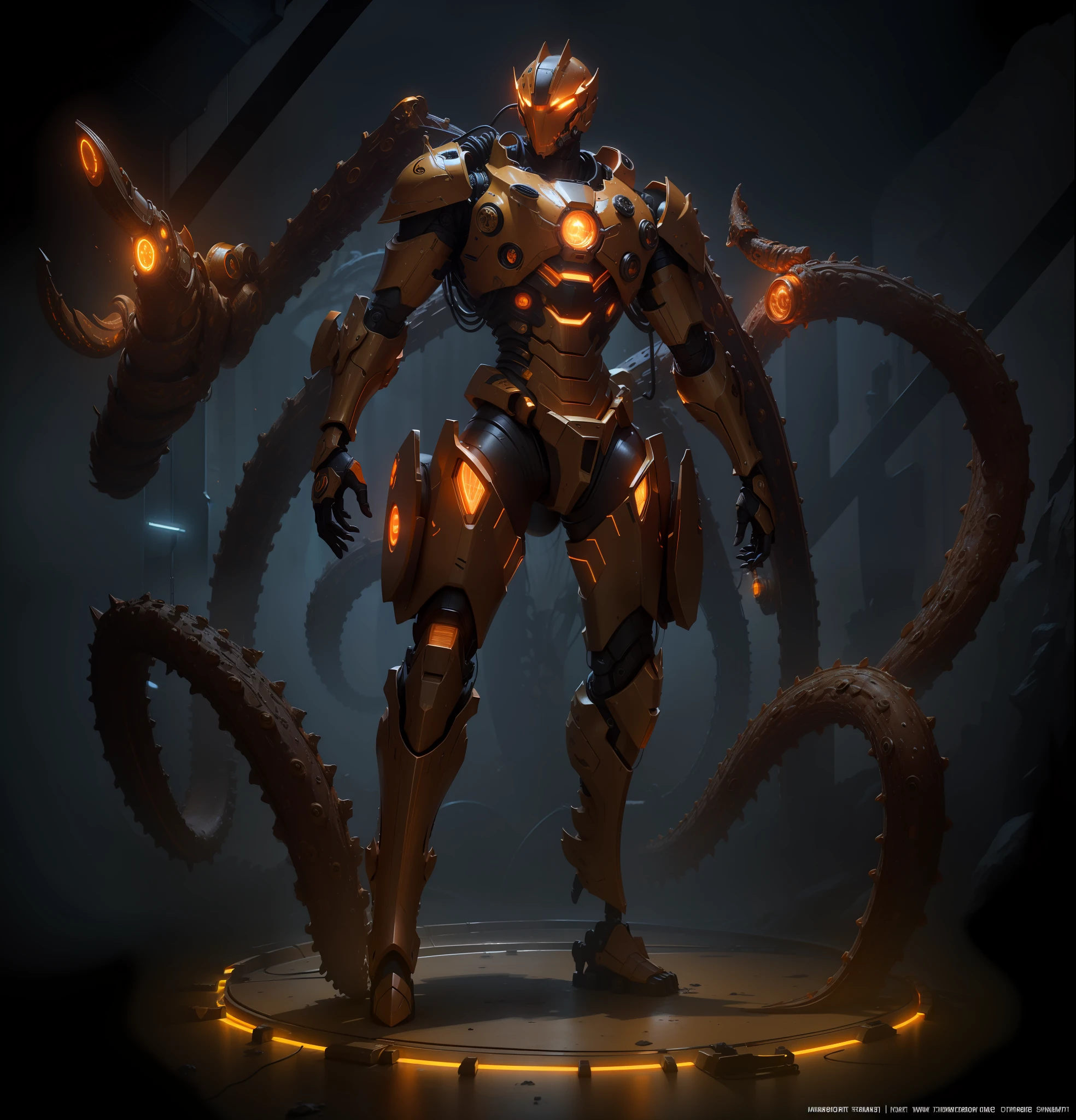 Orange lights on the armor, electricity and orange and yellow rays, robotic tentacles, orange energy, hydraulic tentacles on the armor, orange lights on the tentacles, orange lights on the crevices.