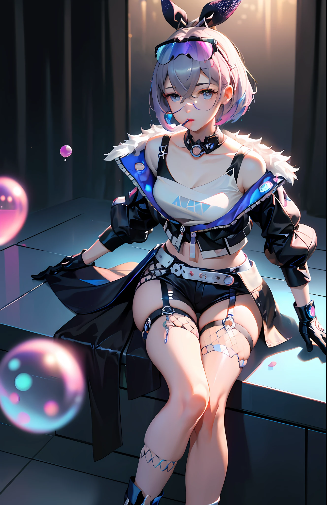 SilverWolf V4, (Masterpiece: 1.2), Best Quality, (Illustration: 1.2), (Hyperdetail), Eye Focus, (Elaborate Glow, Pink Lens Glow), (Movie Background), (((Color)), Ultra Detail, (Fine Detail), (Intricate Detail), Octane Rendering, HDR, (Ultra Detail: 1.15), (Soft Light: 1.2), 1 Girl, Beautiful Girl, Rabbit Ears, Ultra Detailed Eyes, Mature, Plump, Rainbow Drops, (Supermodel:1.3), Composed of Paint, Fully Painted, Sputtering, Splattering, Indoors, (Bioluminescent Hair: 1.1), (Glowing Eyes), ((Makeup)), (Cinematic Masterpiece), Ferocious, Powerful, Splashing Colors Absolutely Eye-catching, (Cinematic Headlights), ((Caustic)), Dynamic Angles, Beautiful Detail Glow, Ambient Occlusion, Ambient Light, Ray-Traced Reflections, (Best Lighting, Extremely Delicate and Beautiful), ((Cinematic Light)), (Soft: 2),. colored glasses, game pixels, retro style, life arcade characters, arcade style world, gloves, jacket, full body, weapon, shorts, black gloves, black jacket, gun, drill hair, black shorts, glasses on the head, blowing bubbles, chewing gum