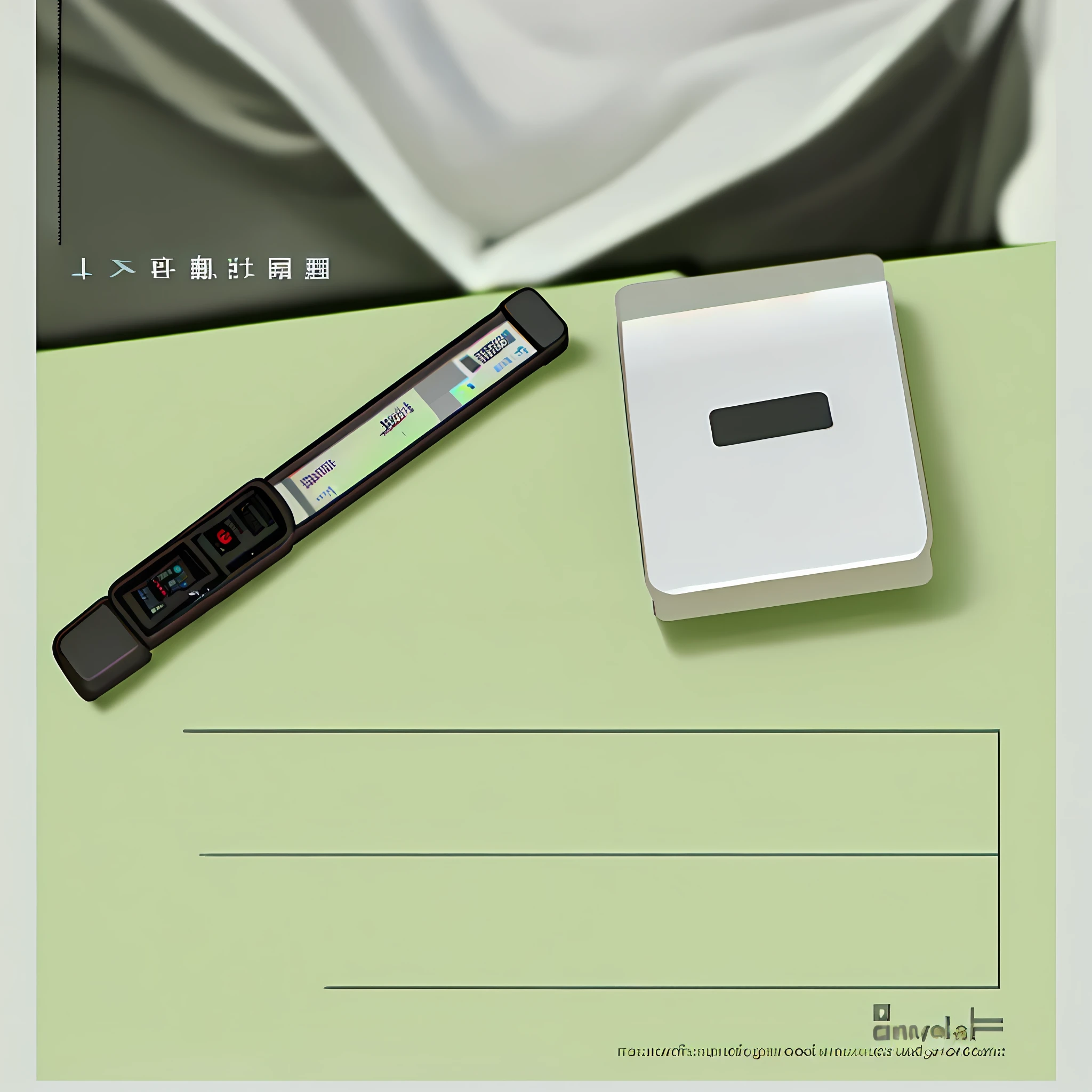 A mini voice recorder on the table, give this voice recorder a close-up, overall bright style.