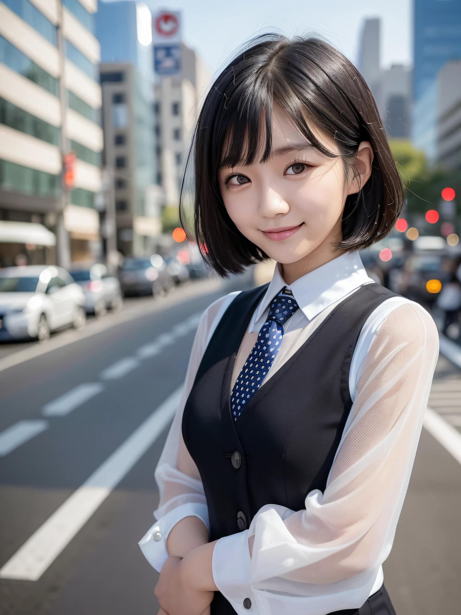 20-year-old Japan woman, straight black hair cut down to the shoulders, smiling with teeth showing, neat, intelligent, (small breasts), black suit, (black vest)), (Navy blue white, small and many polka-dot ties)))), ((plain white shirt)), (Against the backdrop of a busy city with car traffic))
