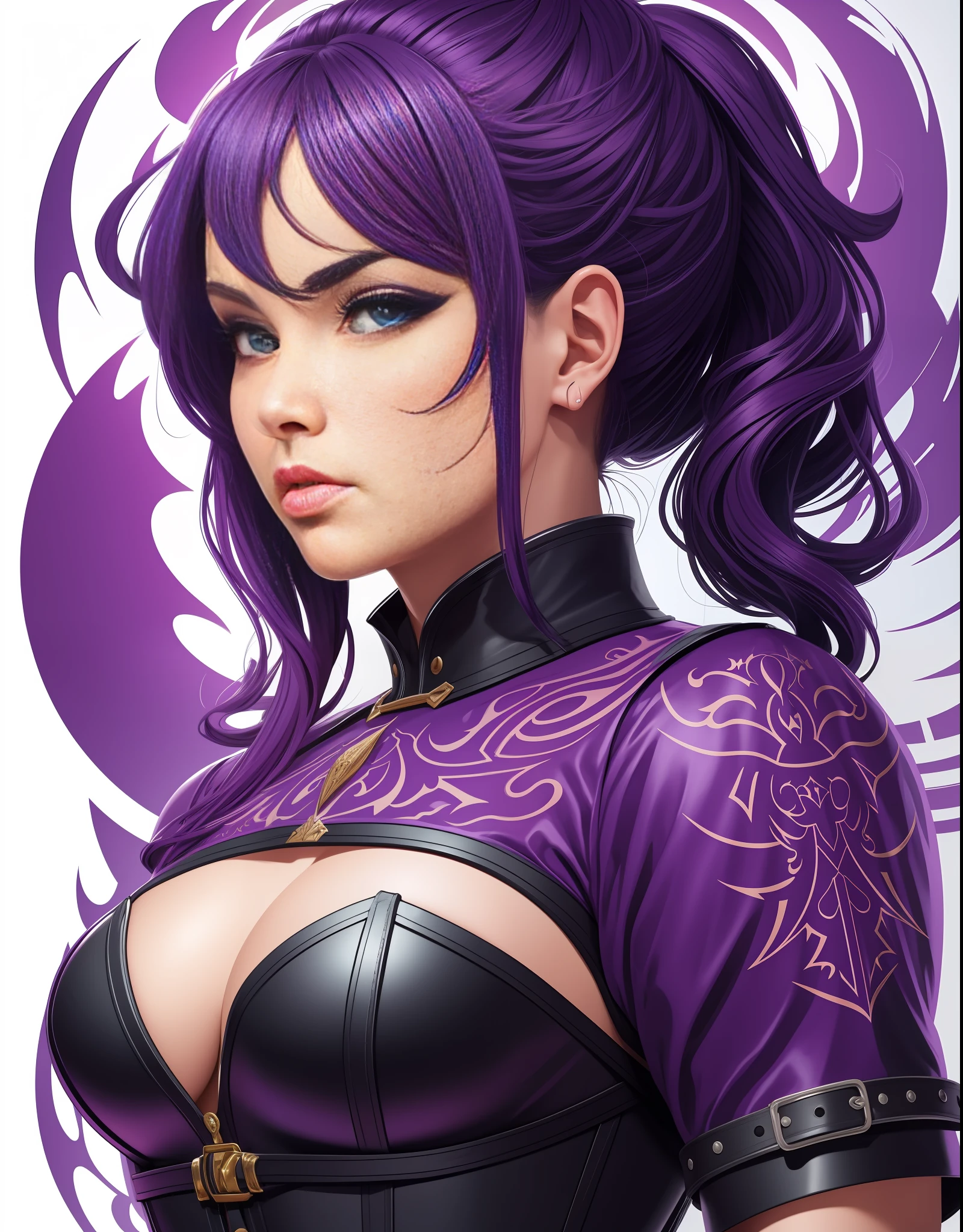 [purple, BDSM,slave,black corset,bondage,collar,big] heraldic silhouette, logo masking style illustration, Dan Mumford, Greg Lutkowski, James Jean, white background, art, mysterious, realistic, majestic, rich vivid colors, high contrast, seamless water brand, art station, deviant art, Dribbling, Red Bubble, Tee Public, Sharp Focus, Simple, Hyper Detail, Detailed Drawing, Vectorization, Outline, Isometric Style, 8K.