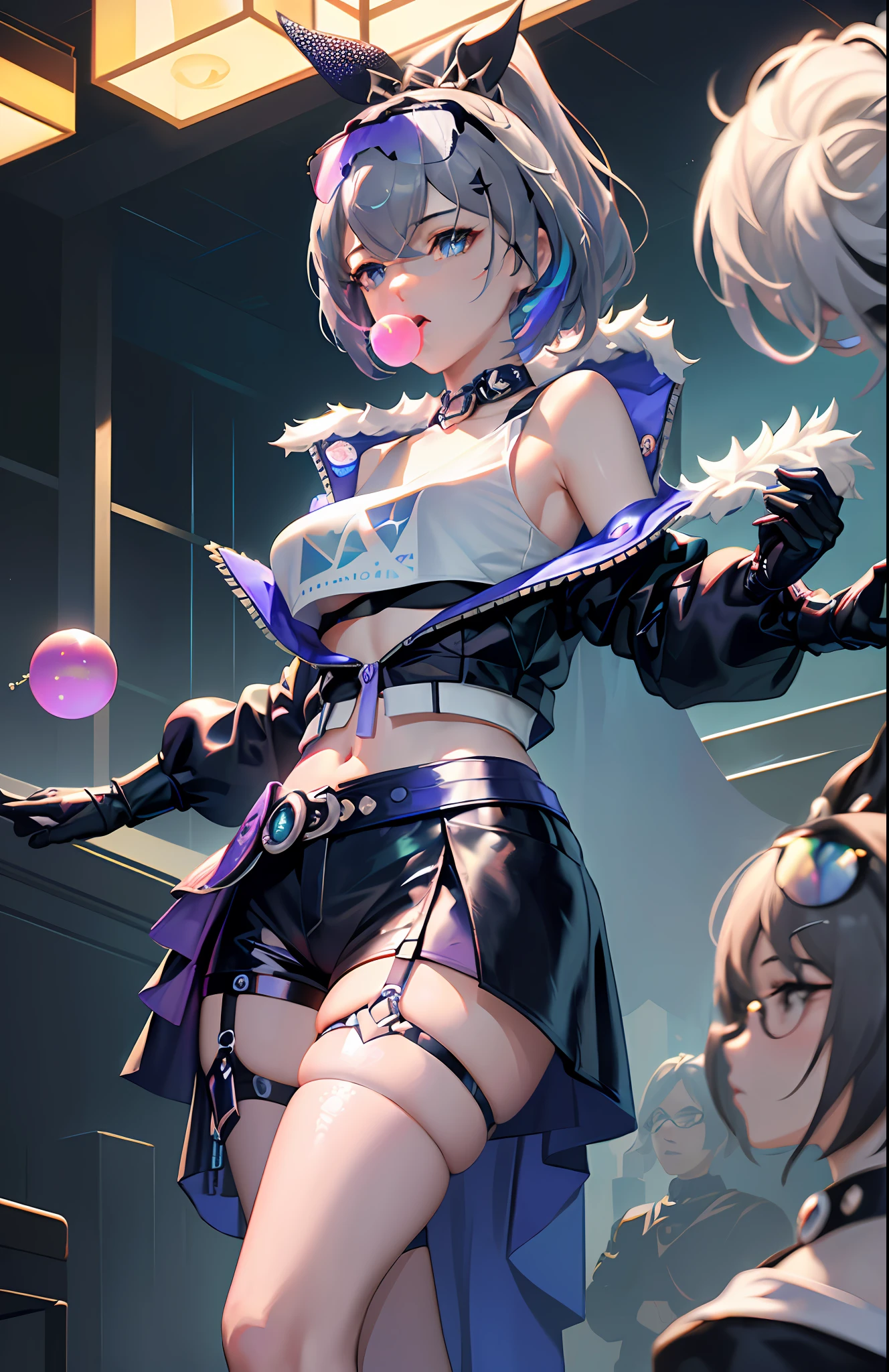 SilverWolf V4, (Masterpiece: 1.2), Best Quality, (Illustration: 1.2), (Hyperdetail), Eye Focus, (Elaborate Glow, Pink Lens Glow), (Movie Background), (((Color)), Ultra Detail, (Fine Detail), (Intricate Detail), Octane Rendering, HDR, (Ultra Detail: 1.15), (Soft Light: 1.2), 1 Girl, Beautiful Girl, Rabbit Ears, Ultra Detailed Eyes, Mature, Plump, Rainbow Drops, (Supermodel:1.3), Composed of Paint, Fully Painted, Sputtering, Splattering, Indoors, (Bioluminescent Hair: 1.1), (Glowing Eyes), ((Makeup)), (Cinematic Masterpiece), Ferocious, Powerful, Splashing Colors Absolutely Eye-catching, (Cinematic Headlights), ((Caustic)), Dynamic Angles, Beautiful Detail Glow, Ambient Occlusion, Ambient Light, Ray-Traced Reflections, (Best Lighting, Extremely Delicate and Beautiful), ((Cinematic Light)), (Soft: 2),. colored glasses, game pixels, retro style, life arcade characters, arcade style world, gloves, jacket, full body, weapon, shorts, black gloves, black jacket, gun, drill hair, black shorts, glasses on the head, blowing bubbles, chewing gum