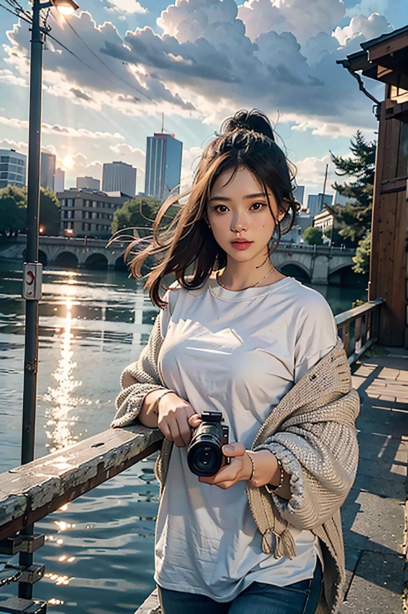 best quality, masterpiece, photo realistic, intricate details, raw photo, photon rendering, octane render, absurdres, ultra detailed, detailed face, detailed skin, trending on artstation,8k masterpiece,cinematic lighting, scenery, scenery, no humans, cityscape, sky, city, cloud, outdoors, building, sunset, city lights, bridge, river, tree, roadn, artist name,