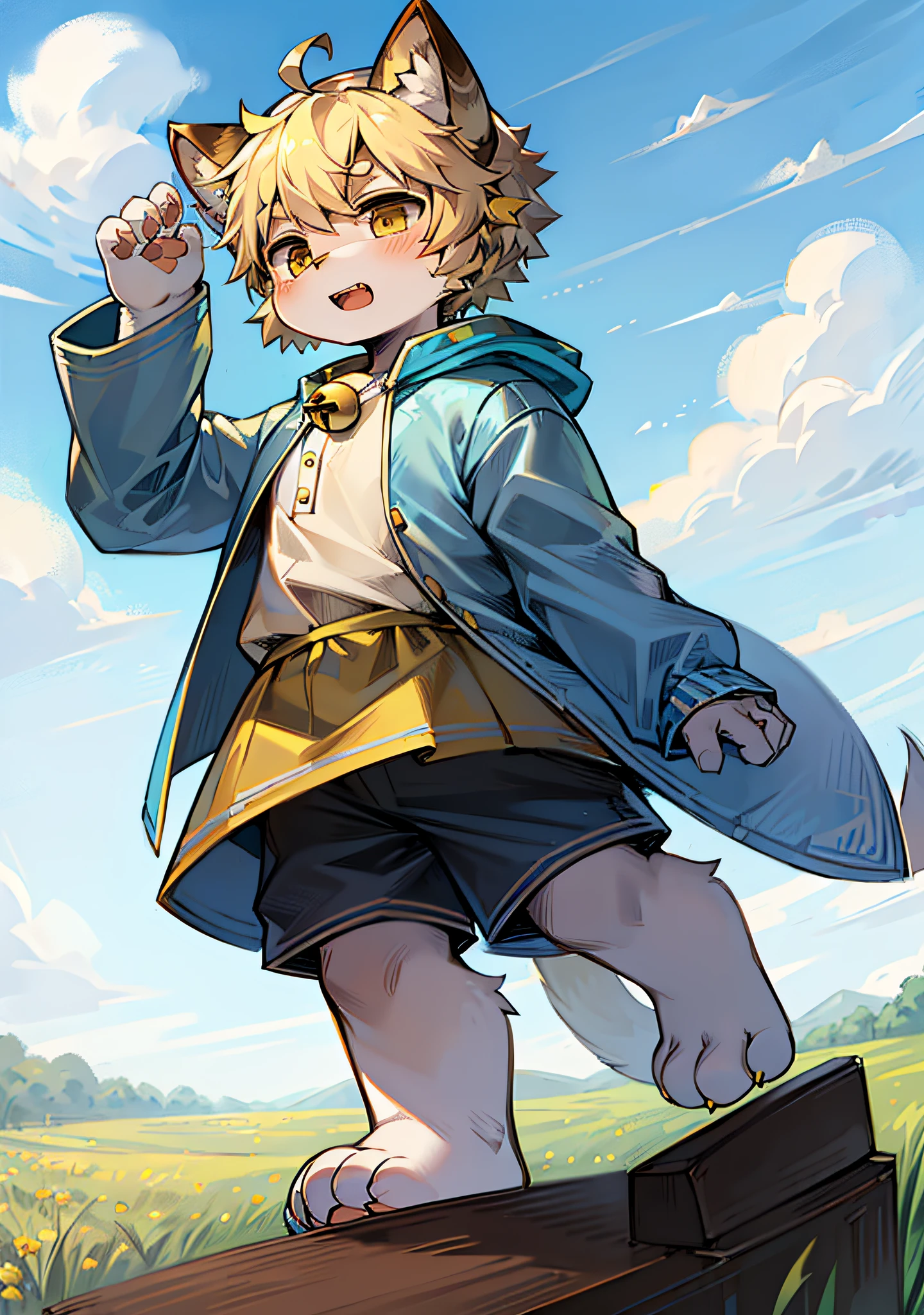 field, garden, band-aid, short hair, blonde, ahoge, bell, headphones, lower body, child, furry, cat ears, open mouth, exposed teeth, clouds, sky, in summer, no spots, cubs, yellow fur everywhere, cat ears, cat type, big fluffy tail, masterpiece, high-quality portrait, humanoid, cub, beard, lone child boy, wind, pose, full shot, sky blue coat, gray shorts, yellow scarf, white shirt, super cute face, Furry paws