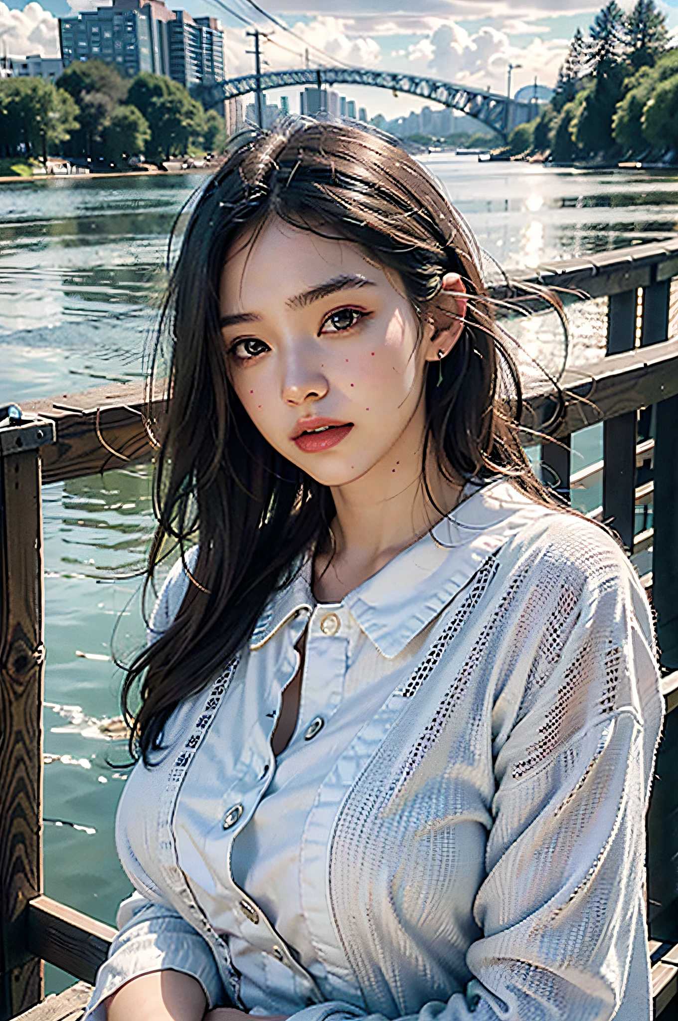 best quality, masterpiece, photo realistic, intricate details, raw photo, photon rendering, octane render, absurdres, ultra detailed, detailed face, detailed skin, trending on artstation,8k masterpiece,cinematic lighting, scenery, scenery, no humans, cityscape, sky, city, cloud, outdoors, building, sunset, city lights, bridge, river, tree, roadn, artist name,
