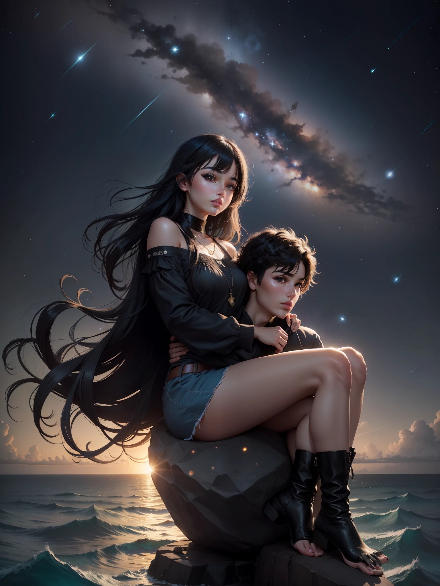 A beautiful girl with black hair and beautiful brown eyes and high resolution in the lap of a man on a big rock in the middle of the ocean and the night sky with many stars and comets and birds