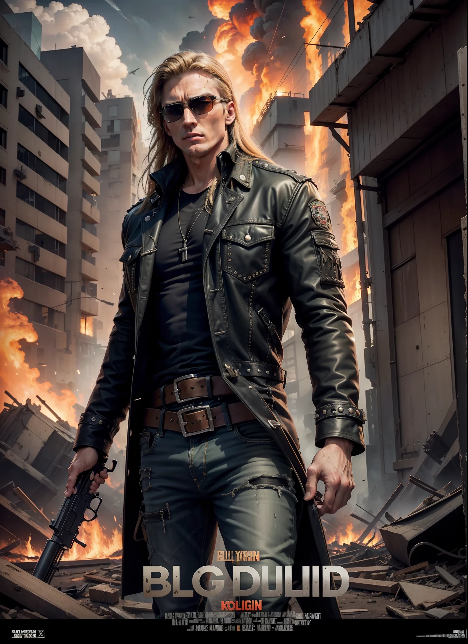 Young Dolph Lundgreen, long hair, sunlasses, jeans, 1 belt, holster, rivets, long black coat, just one body, big gun in hands, in ruins, explosions behind, fire behind, front view, movie poster