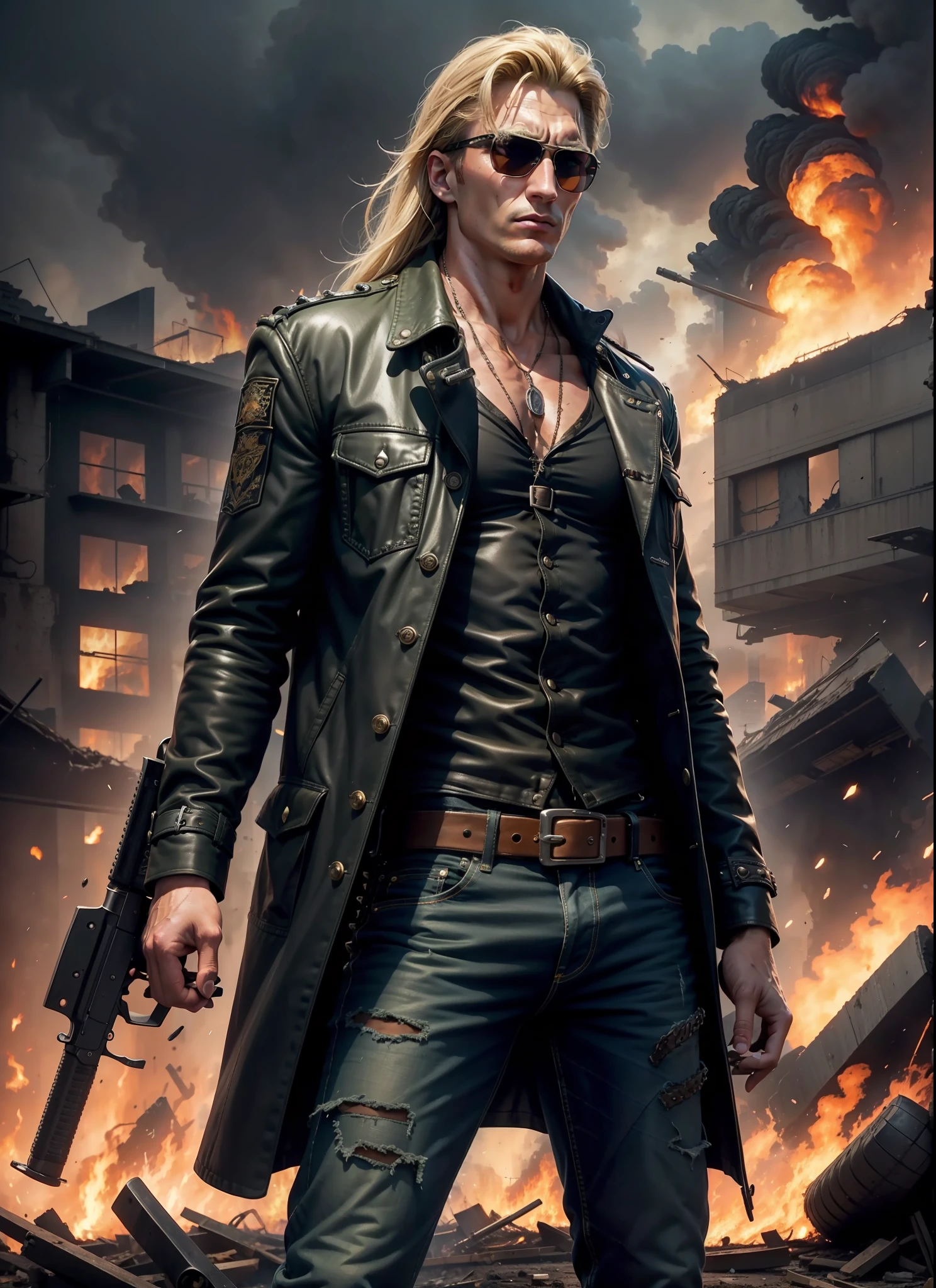 Young Dolph Lundgreen, long hair, sunlasses, jeans, 1 belt, holster, rivets, long black coat, just one body, big gun in hands, in ruins, explosions behind, fire behind, front view, movie poster