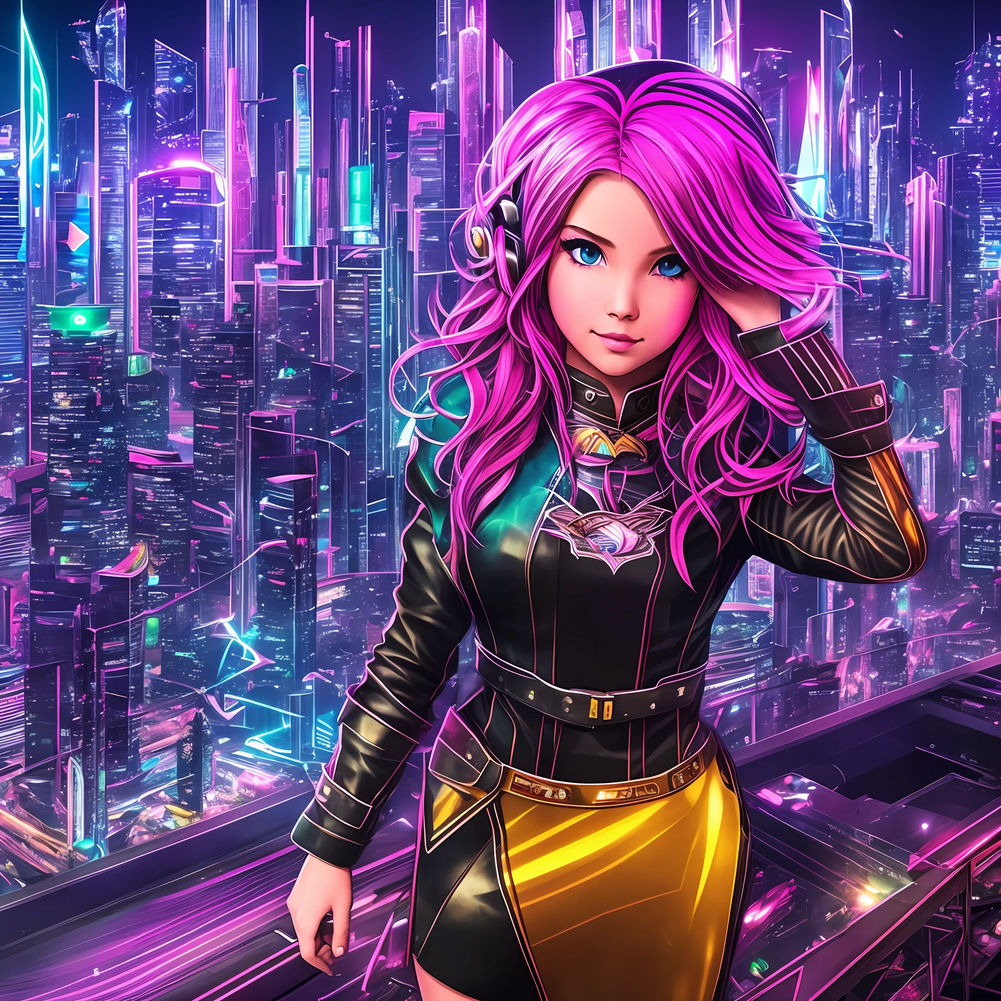 An adorable elven girl with striking neon hair stands atop a futuristic cityscape filled with cyberspace marvels. The cute face of this girl reflects her excitement as she watches a sleek race car soar past her while vibrant neon signs illuminate the bustling streets below. The night's dark sky gracefully blends with the colorful neon-lit skyscrapers, leaving an awe-inspiring sight. --auto --s2