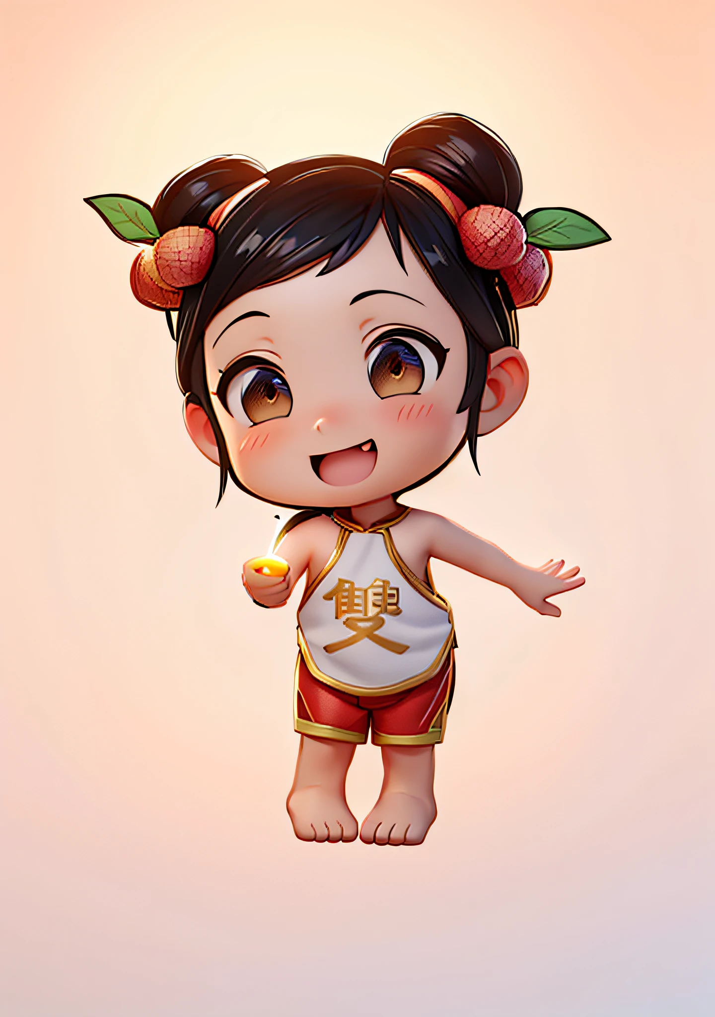 (Masterpiece: 1.3), (Best Quality: 1.3), (Masterpiece: 1.3), (Best Quality: 1.3), (8k wallpaper), (Ultra High Resolution), Full Body, (Bicephal: 2), (Natural Skin Texture), (Beautiful and Beautiful), (Very Detailed CG, Intricate Details), White Background, (White Background: 1.5), .pixar, 3D, C4D, blender, 1 Girl, Cute, Happy Face, Black Hair, Solo, Chibi, Hair Ornament, .Chibi, (Lychee:  0.5), (double lychee: 0.2), (Chinese style: 1.5), Hanfu, (red belly pocket: 1.3), (red shorts: 1.3), gold edge, bare feet, holding a string of lychees in his hand