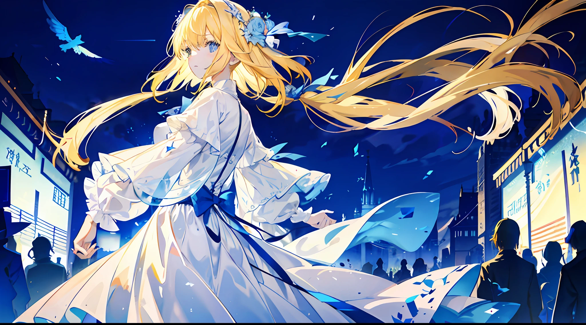 A little girl, beautiful, otherworldly, elegant, full body, long blonde hair, simple dress, white and blue long dress, Western-style medieval town, square, crowd surrounded, gentle