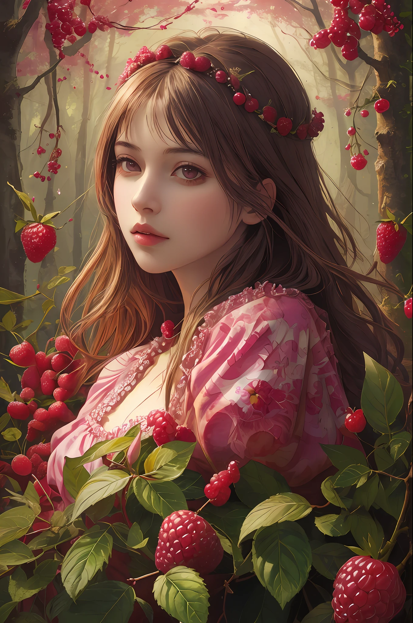 ( Absurd, High quality, ultra-detailed, masterpiece, concept art, smooth, highly detailed artwork, hyper-realistic painting ) , girl, raspberry girl, Raspberries, cute, upper body, Romantic, Vivid, dreamy, fantasy, fairy wings, in the forest, enchanting glow, very detailed art