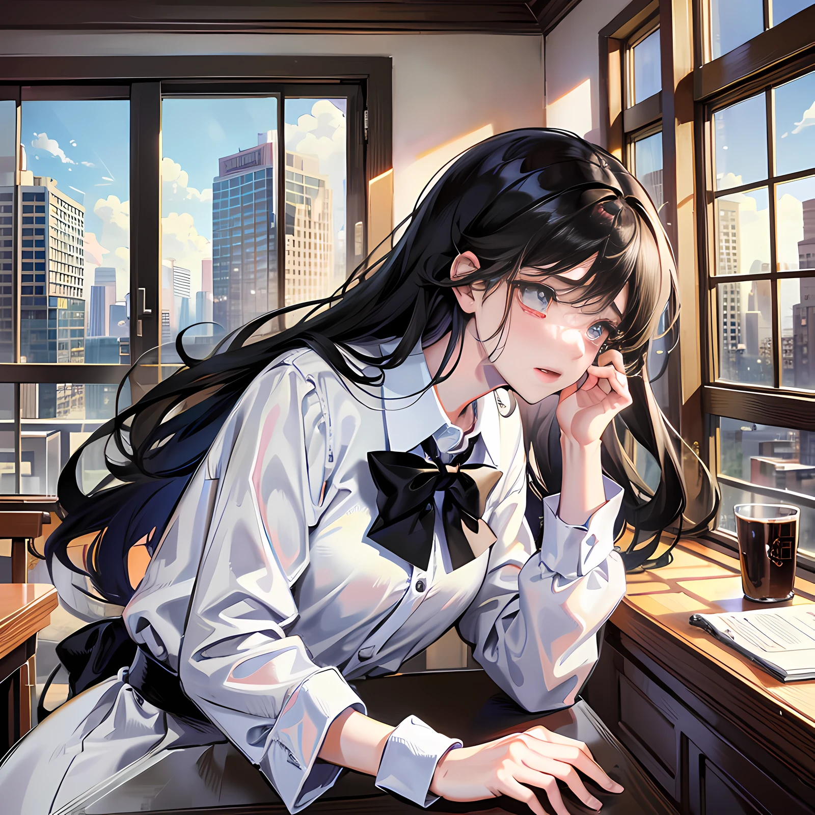 In the classroom, there is a girl with long black hair, crying, crying, tears, super detailed, 4k, white, no bow tie, super detailed,