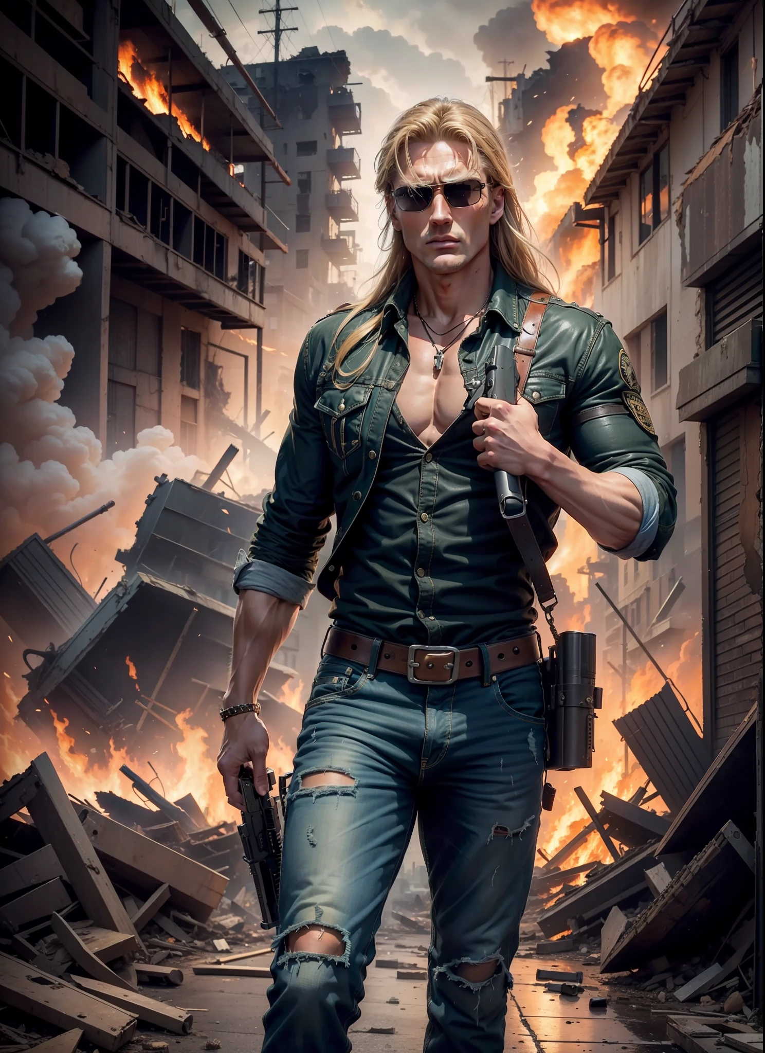 Young Dolph Lundgreen, Long Hair, Sunlasses, Jeans, 1 Belt, Holster, Rivets, Just One Body, Big Gun in Hands, In Ruins, Explosions Behind, Fire Behind, Front View, Movie Poster