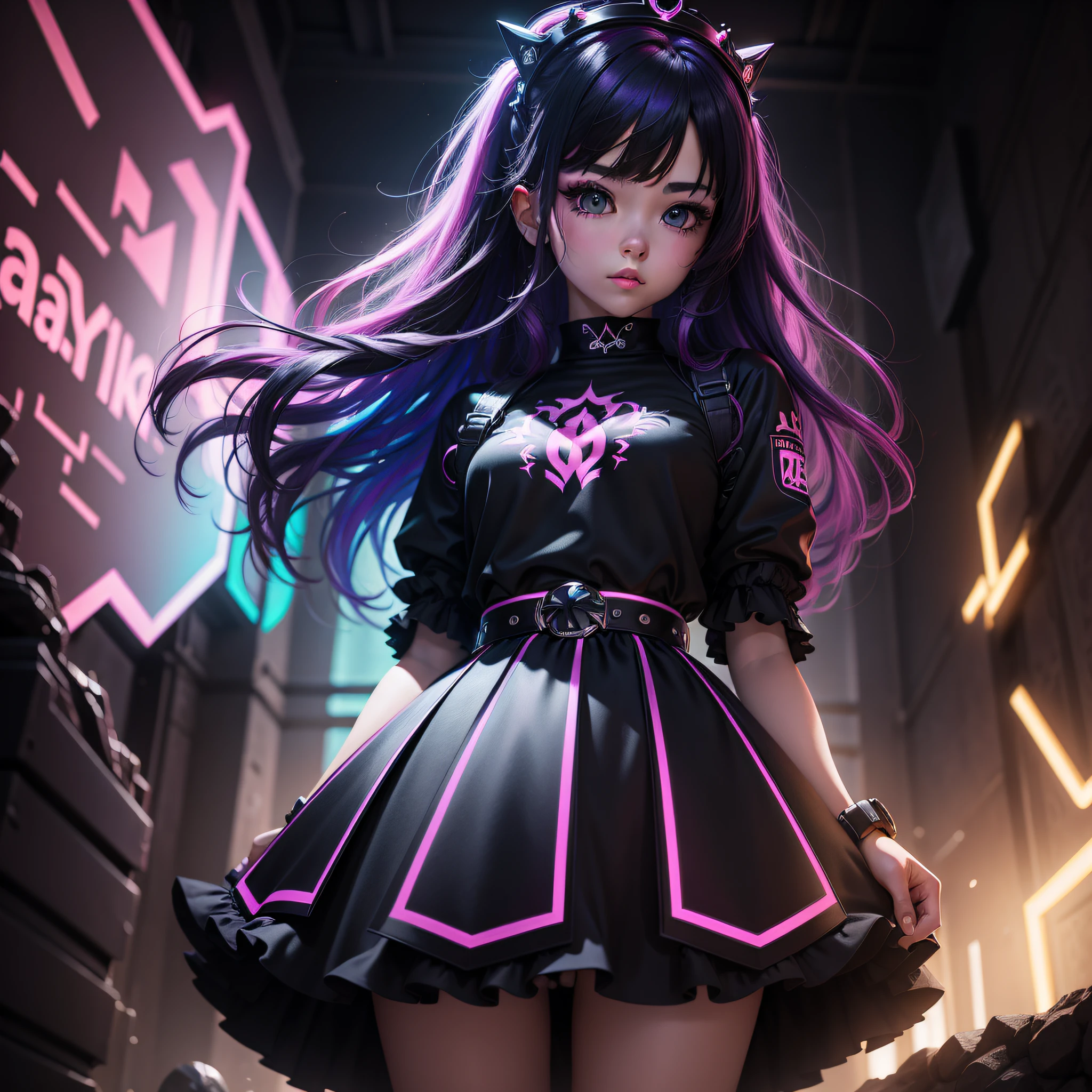 (masterpiece),(colorful hair),(ultra-detailed),1girl,princess skirt,neon black lighting , in a barren,