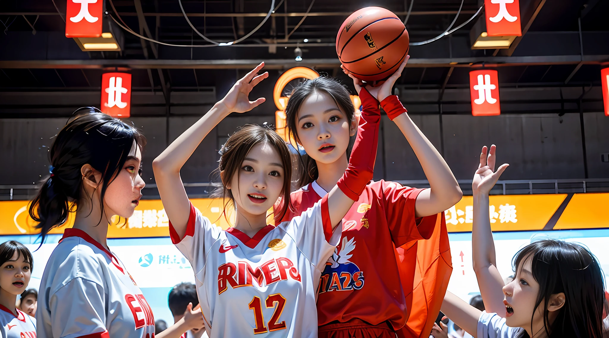 Chinese women's basketball team, successful victory, vitality, glory, confidence, strength, joy, pride, basketball court, Chinese fans, national flag, trophy, team emblem, chiaroscuro, muscle line, light and shadow, strength, teamwork