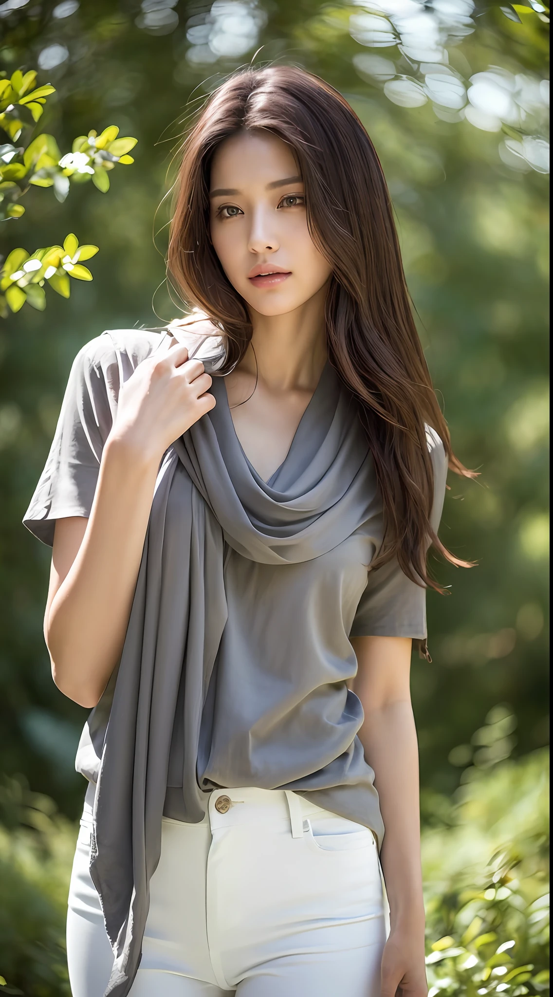 ((Best quality, 8k, Masterpiece :1.3)), Sharp focus :1.2, A pretty woman with perfect figure :1.4, Slender abs :1.2, ((Dark brown hair,breasts :1.2)), (white long formal shirt)(buttoning up his shirt.), grey background:1.2, Highly detailed face and skin texture, Detailed eyes, Double eyelid,fashion model posing,cowboy shot,white pants,sunlight filtering through trees,(wears a gray scarf around his neck.)