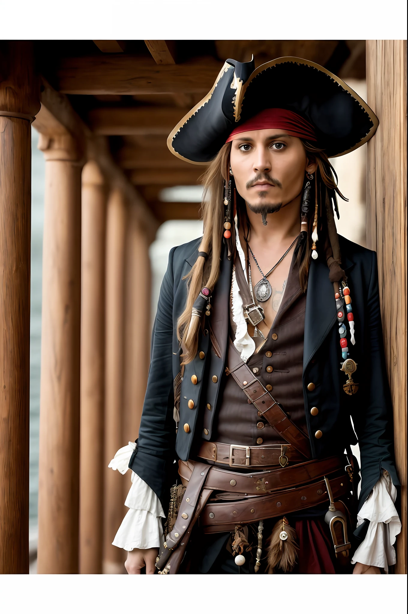 Masterpiece, Johnny Depp standing on the Black Pearl Pirate Ship, (Jack Sparrow's costume dress-up,1.3), (high detail:1 1), rough face, natural skin, high quality, nsfw, beautiful eyes, (detailed face and eyes), (face: 1 2), noise, extra, real photo, psd, light film photography, clear focus, contrast lighting, detailed skin, high resolution 8k, crazy detail, realistic, professional photography, 8k UHD, DSLR camera, soft light, high quality, Film grain, Fujifilm XT3