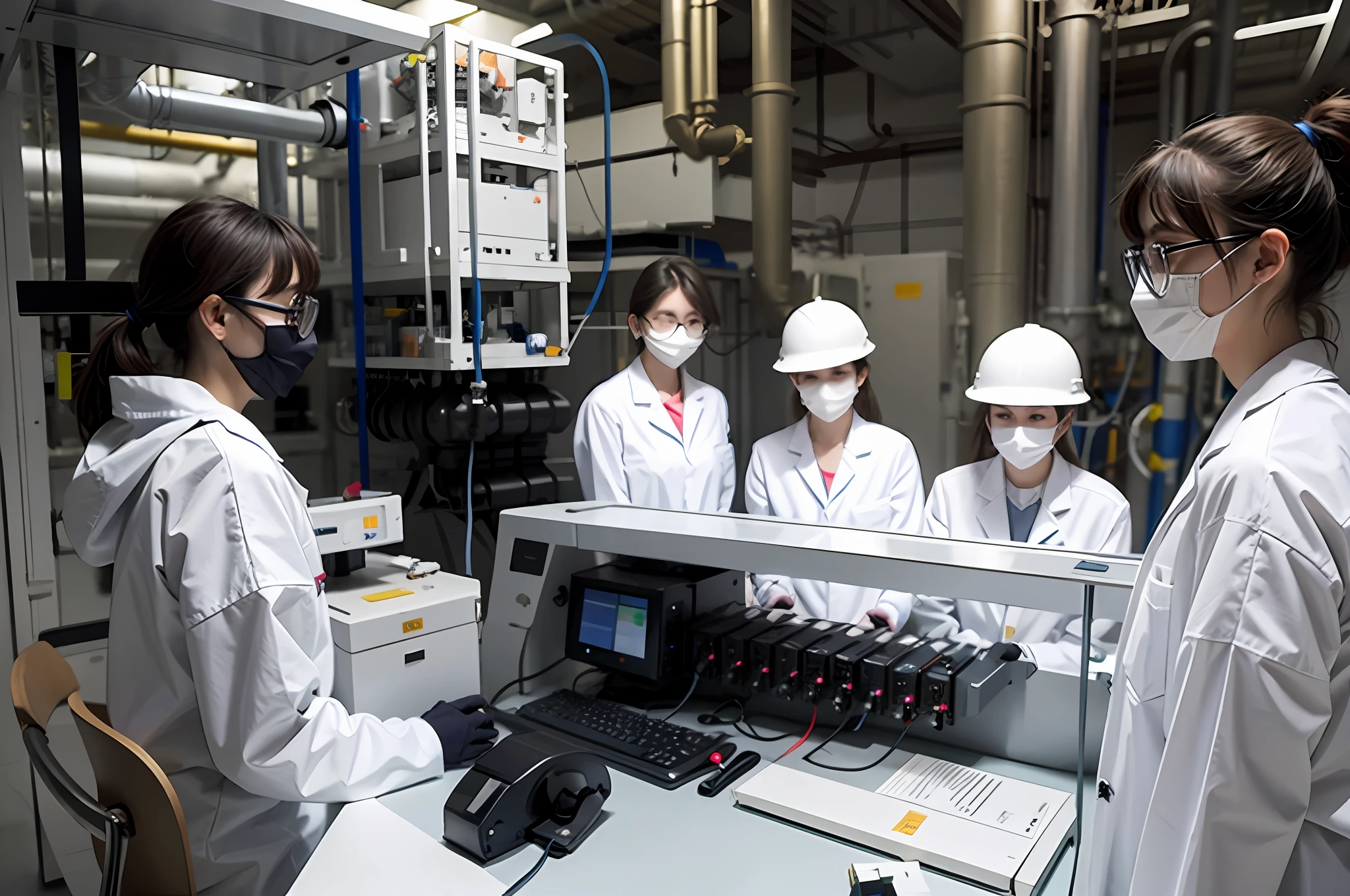 5 young french scientists working on a nuclear plant wearing their white uniforms, heads are covered for safety.