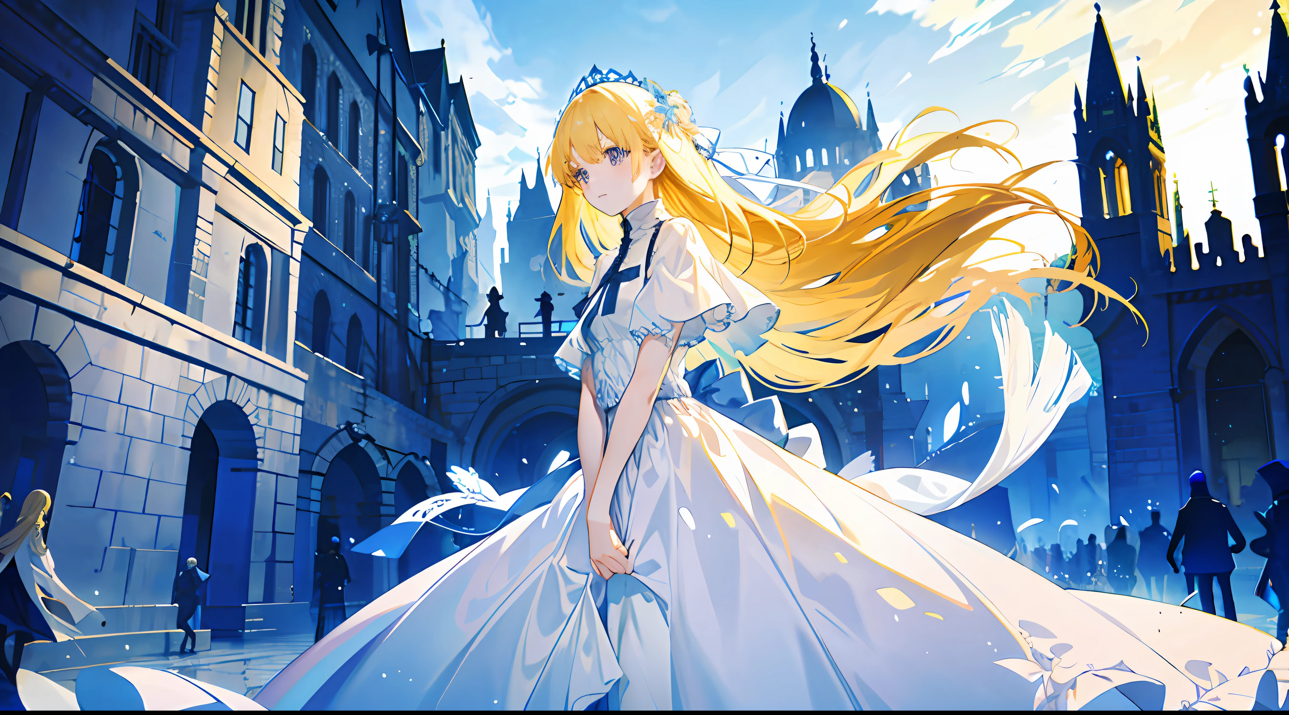 A , beautiful, otherworldly, elegant, full body, long blonde hair, simple dress, white and blue long dress, Western-style medieval town, square, crowd surrounded, gentle