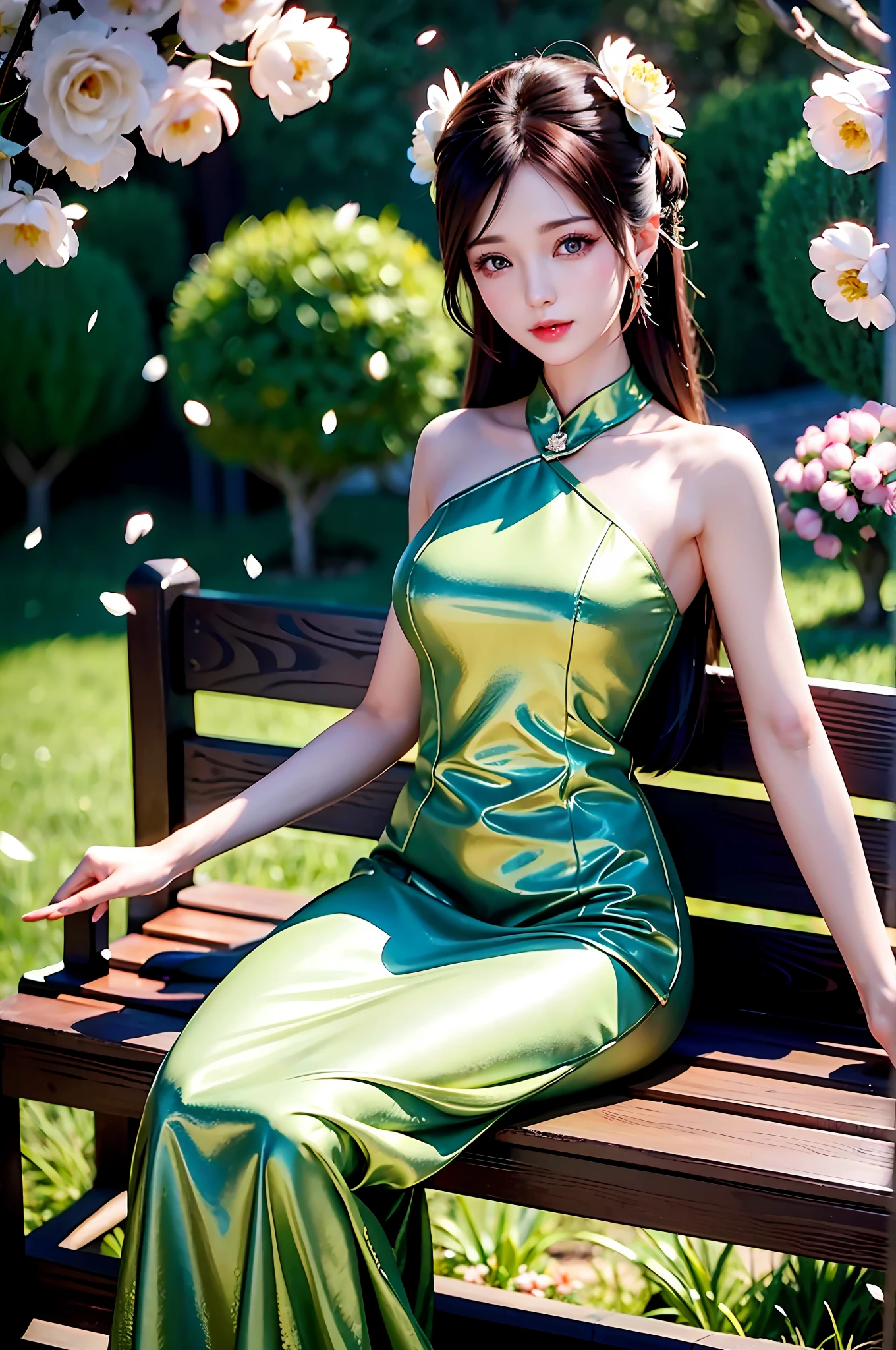 A beautiful and charming woman, leaning alone on a bench, under the light of the fire, her complexion is crystal clear like jade, like a crescent moon, like flowers and trees piled up with snow. When it is tactful, it is glamorous.