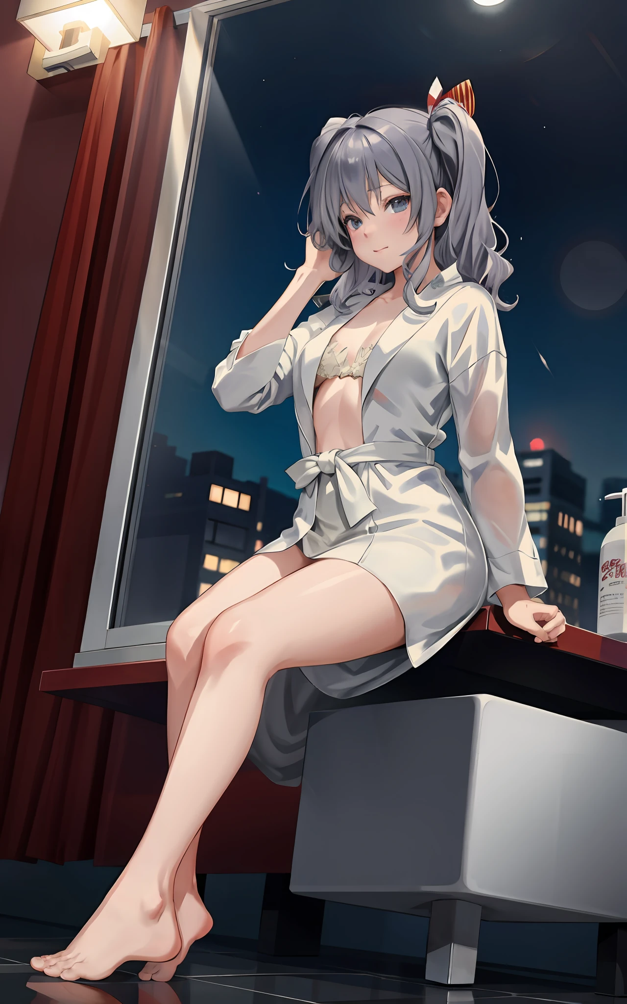 ((Big anime girl posing in hotel bathroom)), (((Night view))), (((Twin tails)), (Wearing a bathrobe with chest wide open))), (Barefoot)), Seductive anime girl, best anime 4K wallpapers, Perfect gray haired girl, Charming anime girl, 4K anime wallpaper, 4K manga wallpaper,, detailed digital anime art, best girl in anime, beautiful anime girl, detailed anime artwork, beautiful charming anime woman