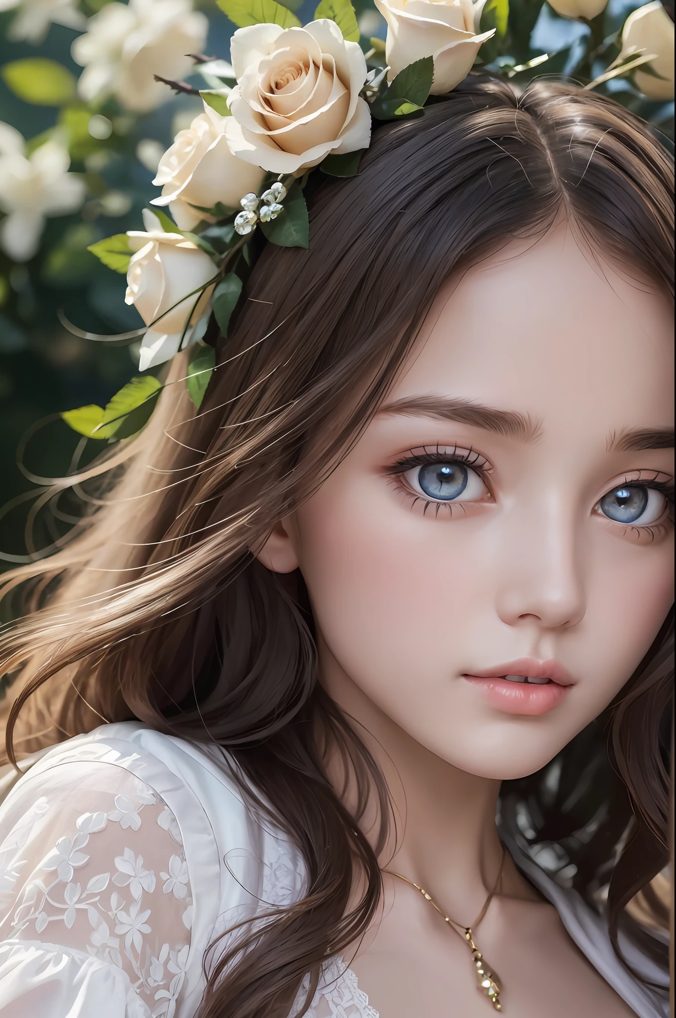 Absurd, ultra-detailed, high quality, detailed face, beautiful eyes(eyes detailed), long hair , British girl, live in village, village girl, simple dress, pure look , pretty but simple, rose lips, whole body , Empire Century, lace lingerie, princess