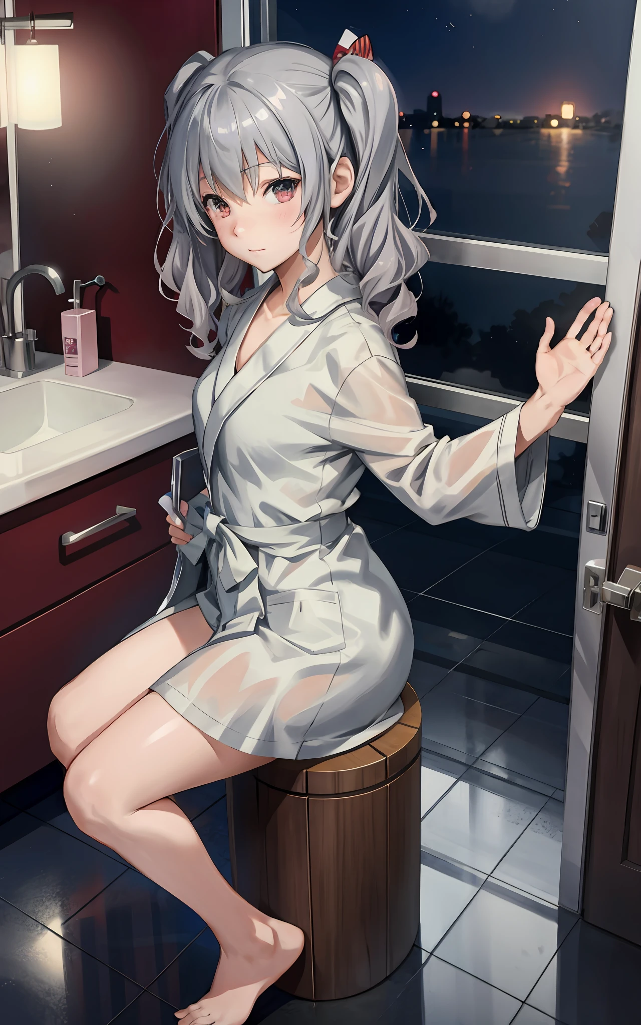 ((Big anime girl posing in hotel bathroom)), (((Night view))), (((Twin tails)), (Wearing a bathrobe with chest wide open))), (Barefoot)), Seductive anime girl, best anime 4K wallpapers, Perfect gray haired girl, Charming anime girl, 4K anime wallpaper, 4K manga wallpaper,, detailed digital anime art, best girl in anime, beautiful anime girl, detailed anime artwork, beautiful charming anime woman