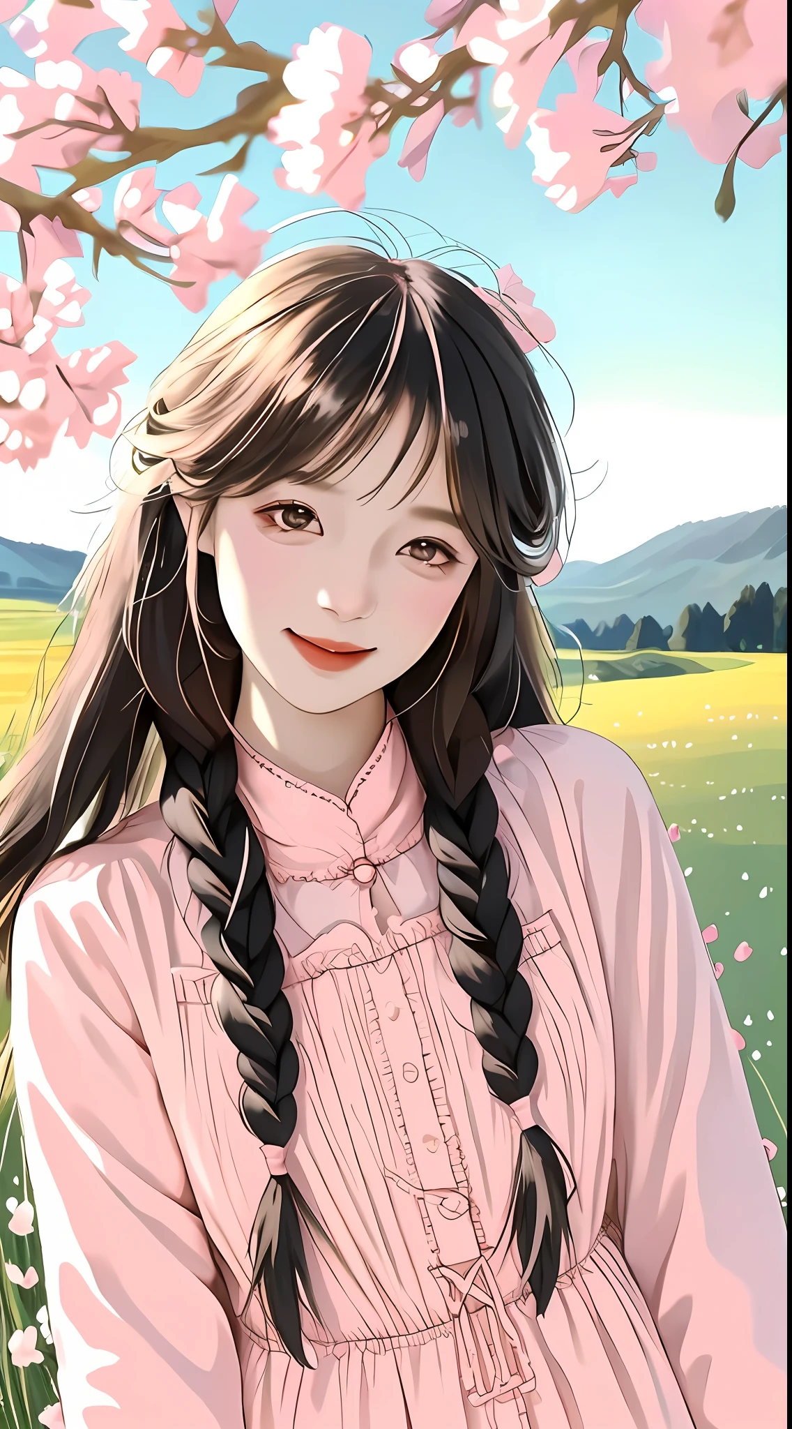 In the field in the distance, the beautiful girl smiled happily, smiled very sweetly, tender and cute, delicate facial features, goose egg face, tied with two twisted braids, pink dress, blooming with pale yellow flowers, girl's smiling eyes, showing the tranquility of the countryside, beautiful scenery, dream, 8x resolution, depth of field, HD, V1