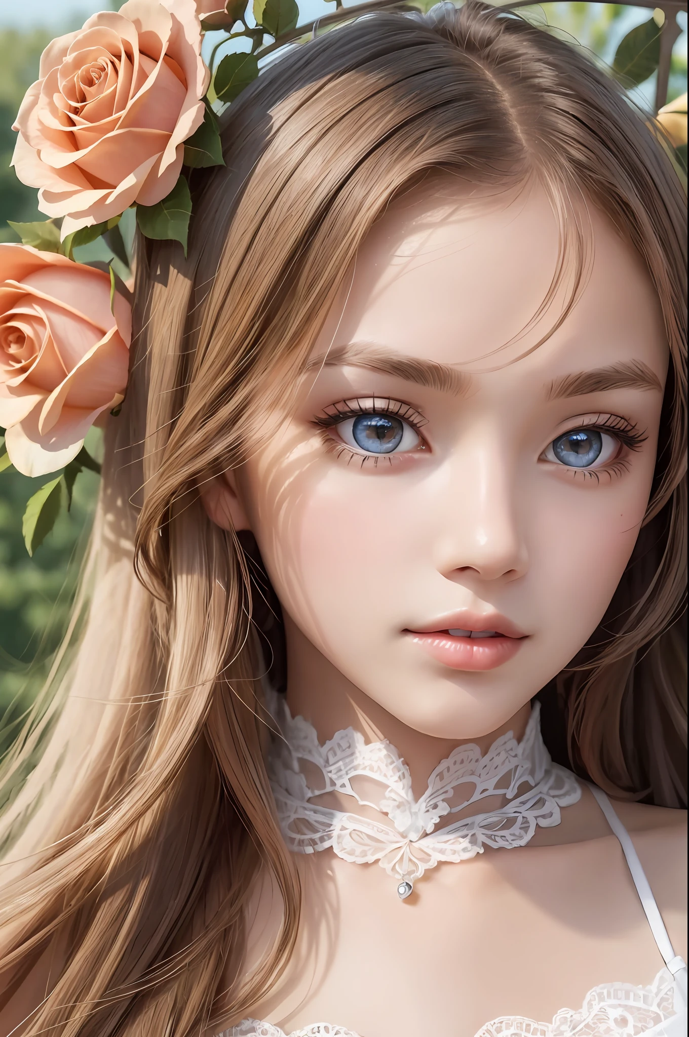 Absurd, ultra-detailed, high quality, detailed face, beautiful eyes(eyes detailed), long hair , British girl, live in village, village girl, simple dress, pure look , pretty but simple, rose lips, whole body , Empire Century, lace lingerie, princess