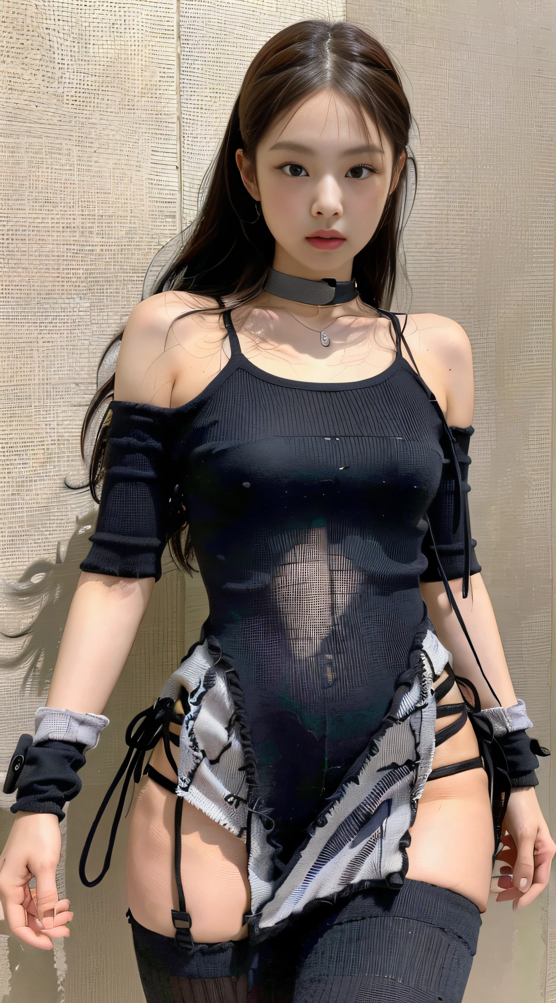 (1girl:1.3), Solo, __body-parts__, Kim Ji-ni Jennie Face, Kim Ji-ni Jennie Face, Kim Ji-ni Jennie Face, Knitted Black Ash Deconstructed Top, Straps, Heroic Characters, Ruins, Full Body Shot, Gray-Black Tones, 8K Resolution Image, Intricate Symmetry Details. The whole picture is invincible and heroic, mainly a complete picture of a woman standing all over her body, with smooth movements and a confident expression.