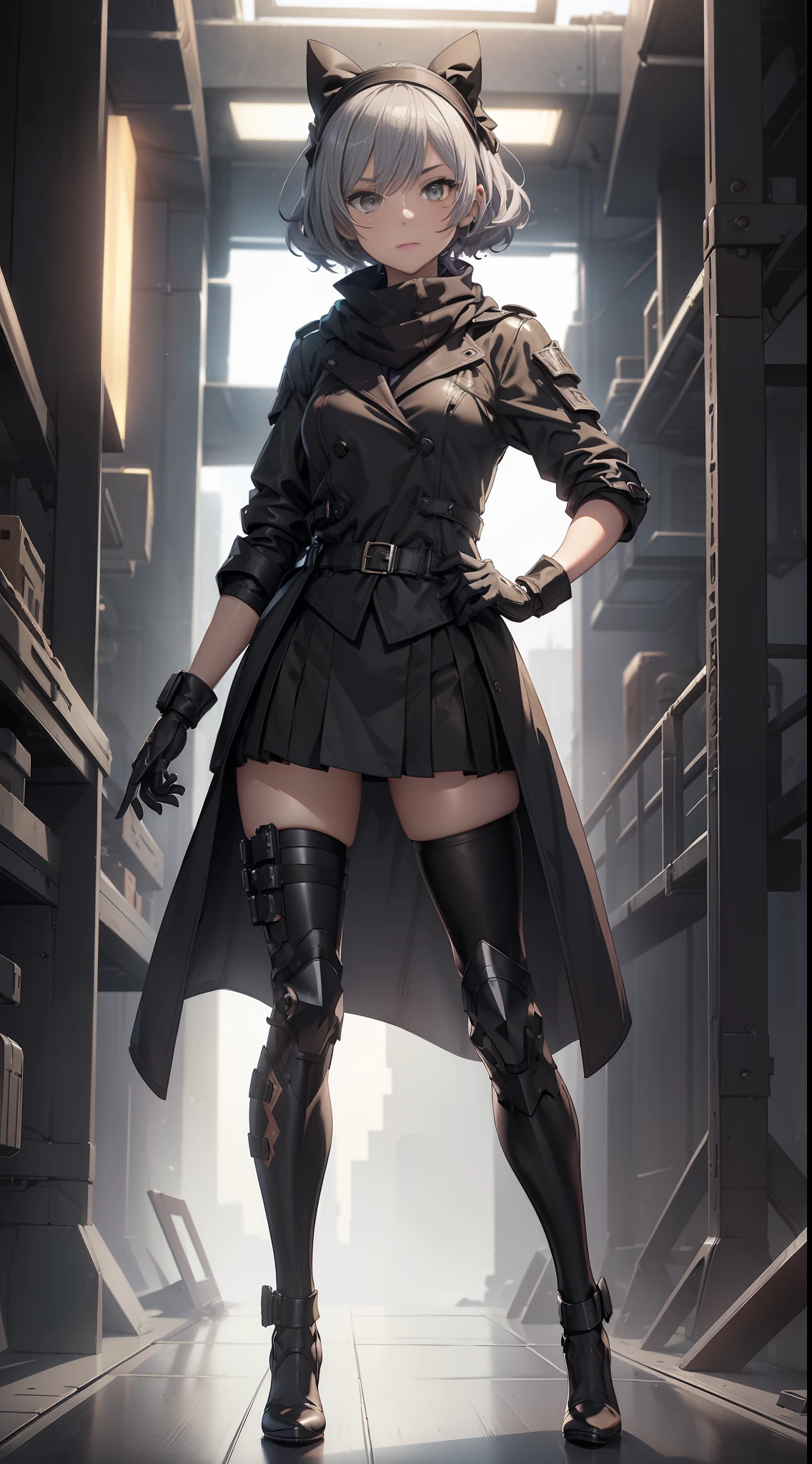 (((masterpiece))), ((best quality))), ((ultra-detailed)), (CG illustration), (an extremely devious and beautiful)), (cute desktop face), cinematic light, single, (girl), (full))), ((standing) ), expressionless, (character focus), sci-fi, gray hair, short hair, curly hair, goggles, ((pick dye)), medium chest, (shirt), scarf, ((hip skirt)), ((leg nail)), ((leather shoes)), ((high heel)), slender figure, ((body armor)), (knee pads), black gloves, ((prosthetic arms))), (trench coat), bow headband
