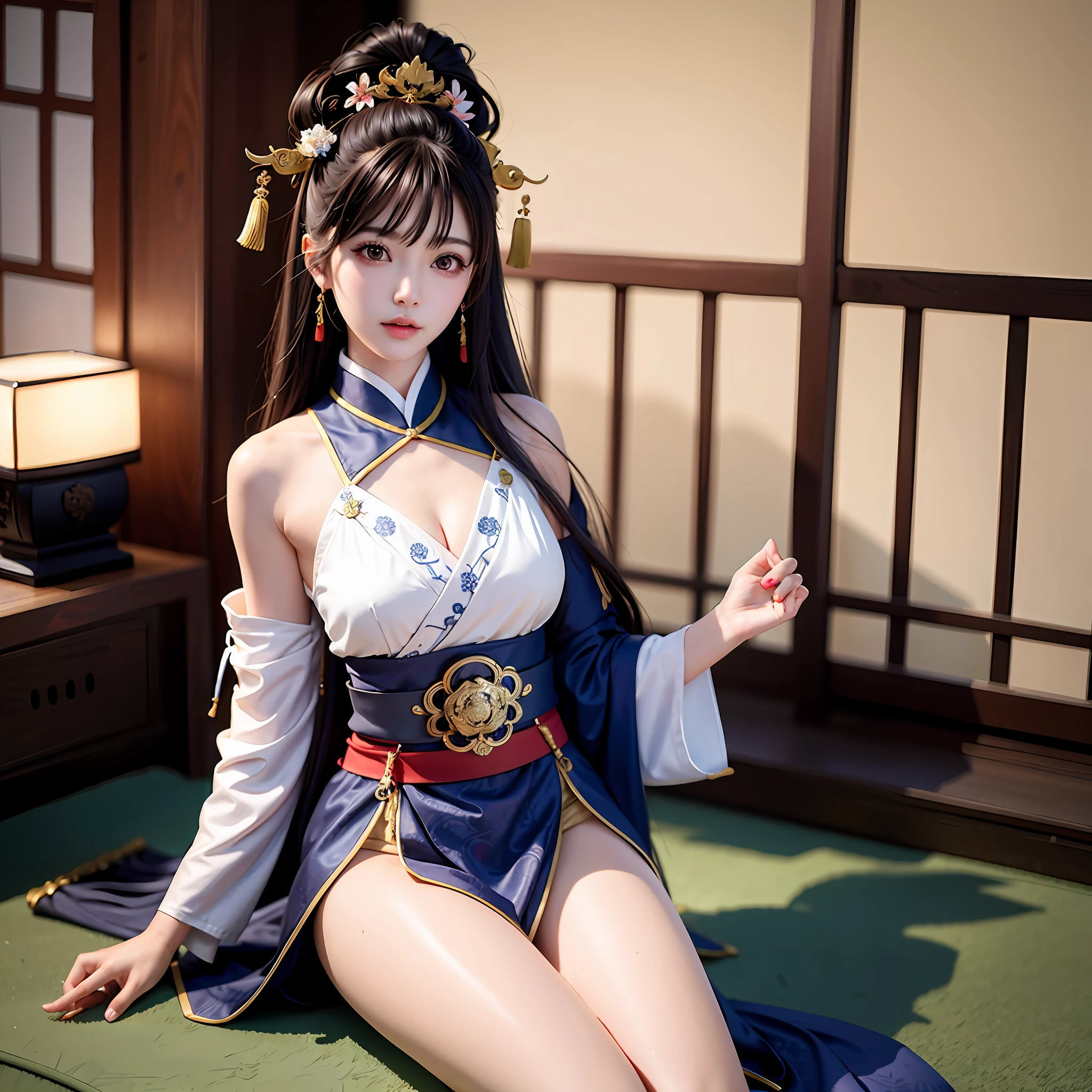 A arafed asian samurai woman with a samurai mask , gorgeous sitting pose with a sward,half chest swaving, a picture by Jason Chan, tumblr, shin hanga, beautiful asian girl, japanese model, beautiful body and face, attractive body, beautiful asian woman, sexy girl, gorgeous young korean woman, perfect body, sexy body, sexy body and face, korean girl, beautiful body, beautiful model girl