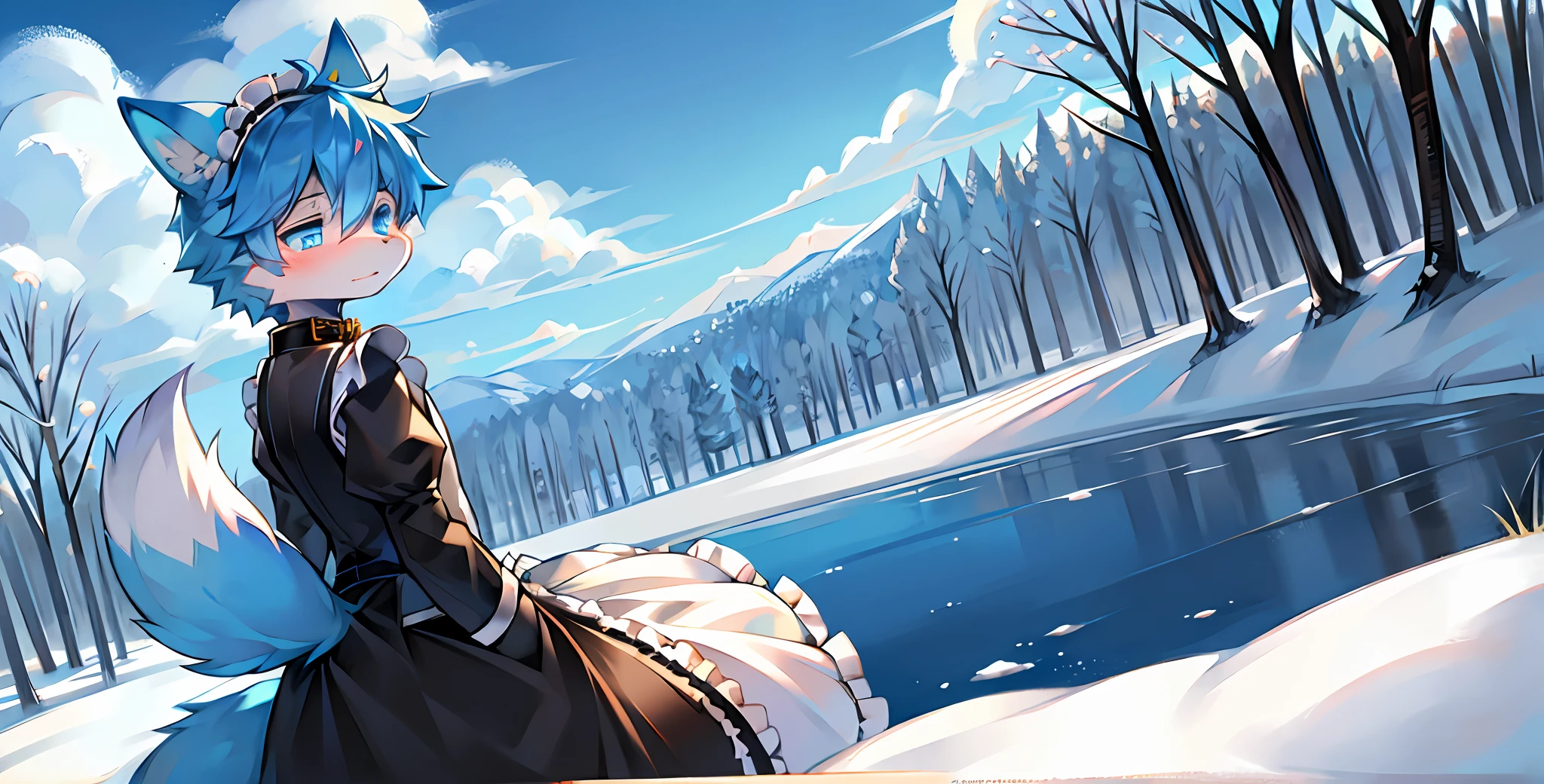 Shota, olive gradient blue eyes, glowing eyes, femboy, meadow, blue sky, clear sky, day, fox ears, light blue ears, fox tail, light blue fox, maid outfit, cute, collar, one tail, god, fur body, full body, snow fox, figure, masterpiece, fluffy tail, current, shy, nfsw, highest quality, 8k, r-18, full hd, two-eared fox, spring, oc