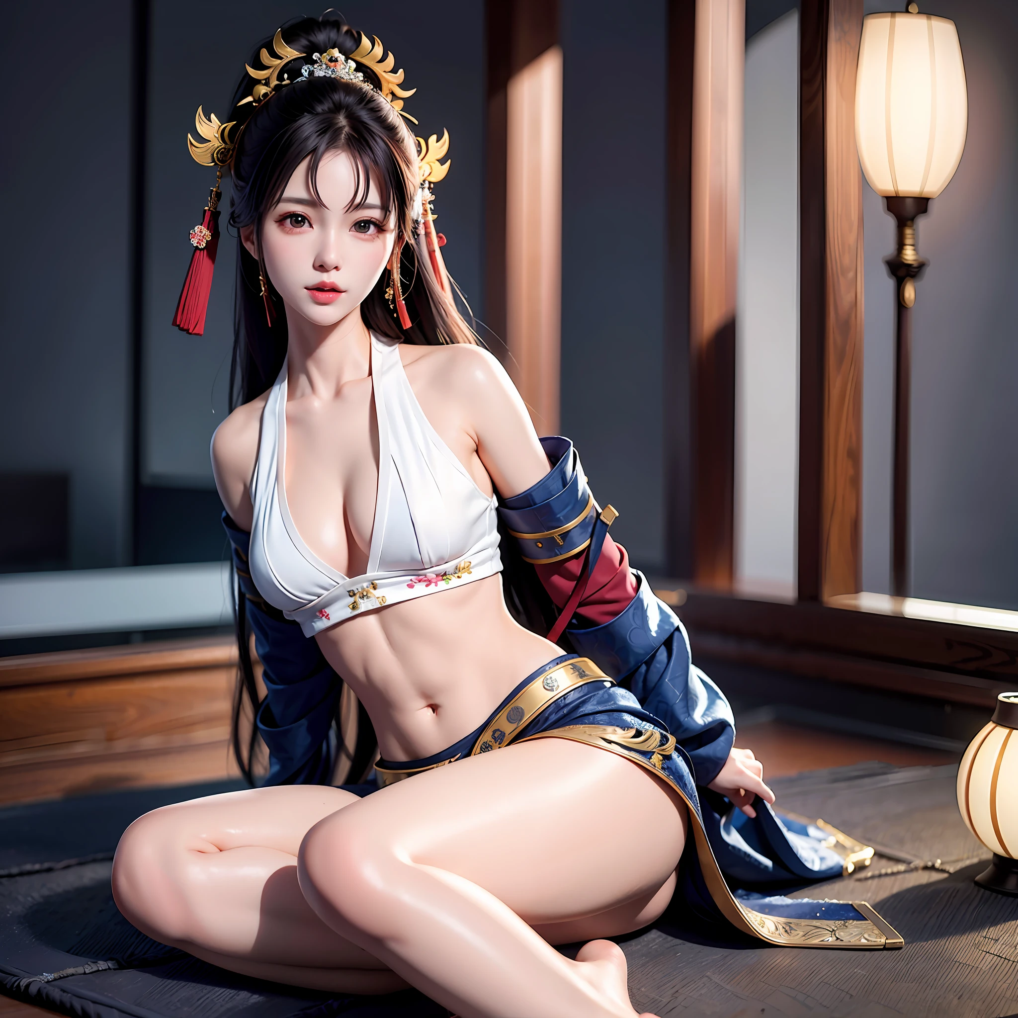A arafed asian samurai woman with a samurai mask , gorgeous sitting pose with a sward,half chest swaving, a picture by Jason Chan, tumblr, shin hanga, beautiful asian girl, japanese model, beautiful body and face, attractive body, beautiful asian woman, sexy girl, gorgeous young korean woman, perfect body, sexy body, sexy body and face, korean girl, beautiful body, beautiful model girl