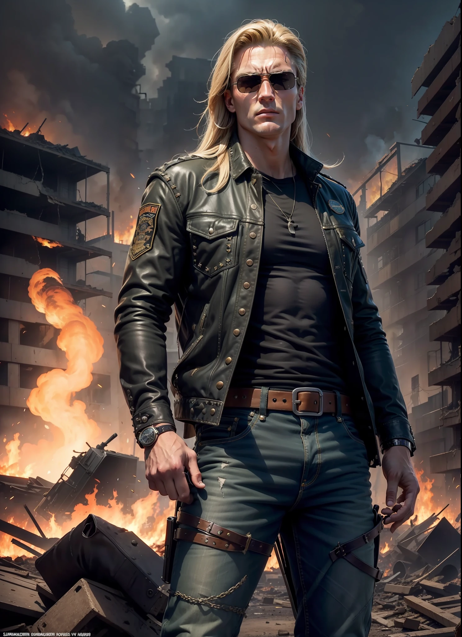 Young Dolph Lundgreen, Long Hair, Sunlasses, Jeans, 1 Belt, Holster, Rivets, Long Black Jacket, Just One Body, Big Gun in Hands, In Ruins, Explosions Behind, Fire Behind, Front View, Movie Poster