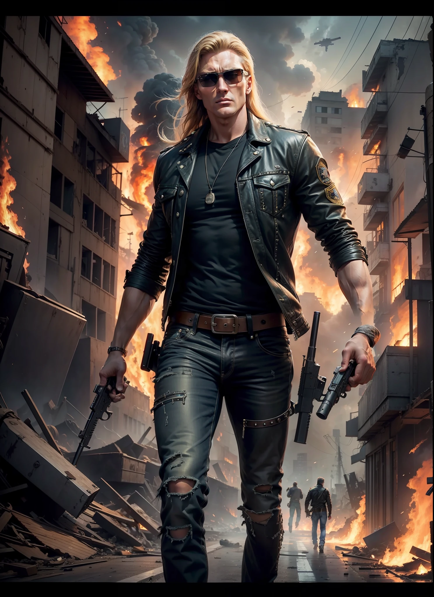 Young Dolph Lundgreen, Long Hair, Sunlasses, Jeans, 1 Belt, Holster, Rivets, Long Black Jacket, Just One Body, Big Gun in Hands, In Ruins, Explosions Behind, Fire Behind, Front View, Movie Poster