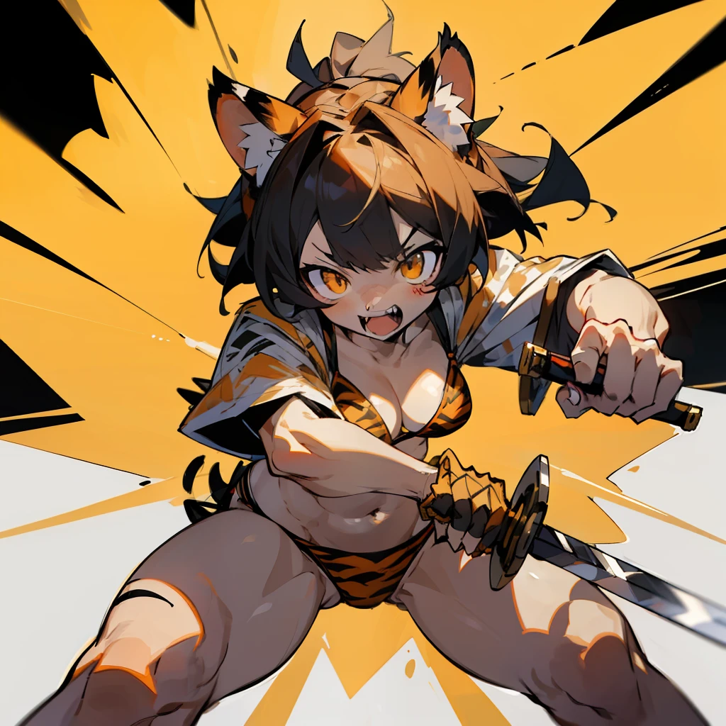 Masterpiece, Hyper Quality, Hyper Detail, Perfect Drawing, 1 Beautiful Girl, Tiger Print Bikini (Micro Bikini 1.3), Tiger Ears, Tiger Tail, Tiger Palm, Tiger Po, Tiger Fingers, Sharp Claws, Sharp Fangs, Hunter's Eyes Aiming at Prey, Black Hair and Blonde Mesh, Sharp Eyes, Height 177cm (3 Size B95W60H90) , Open stance, action pose, brave perspective, gripping the hilt of the sword strongly with both hands, thrusting the tip of the sword towards the camera, bold perspective composition, super huge sword, blade that reflects light and shines,
