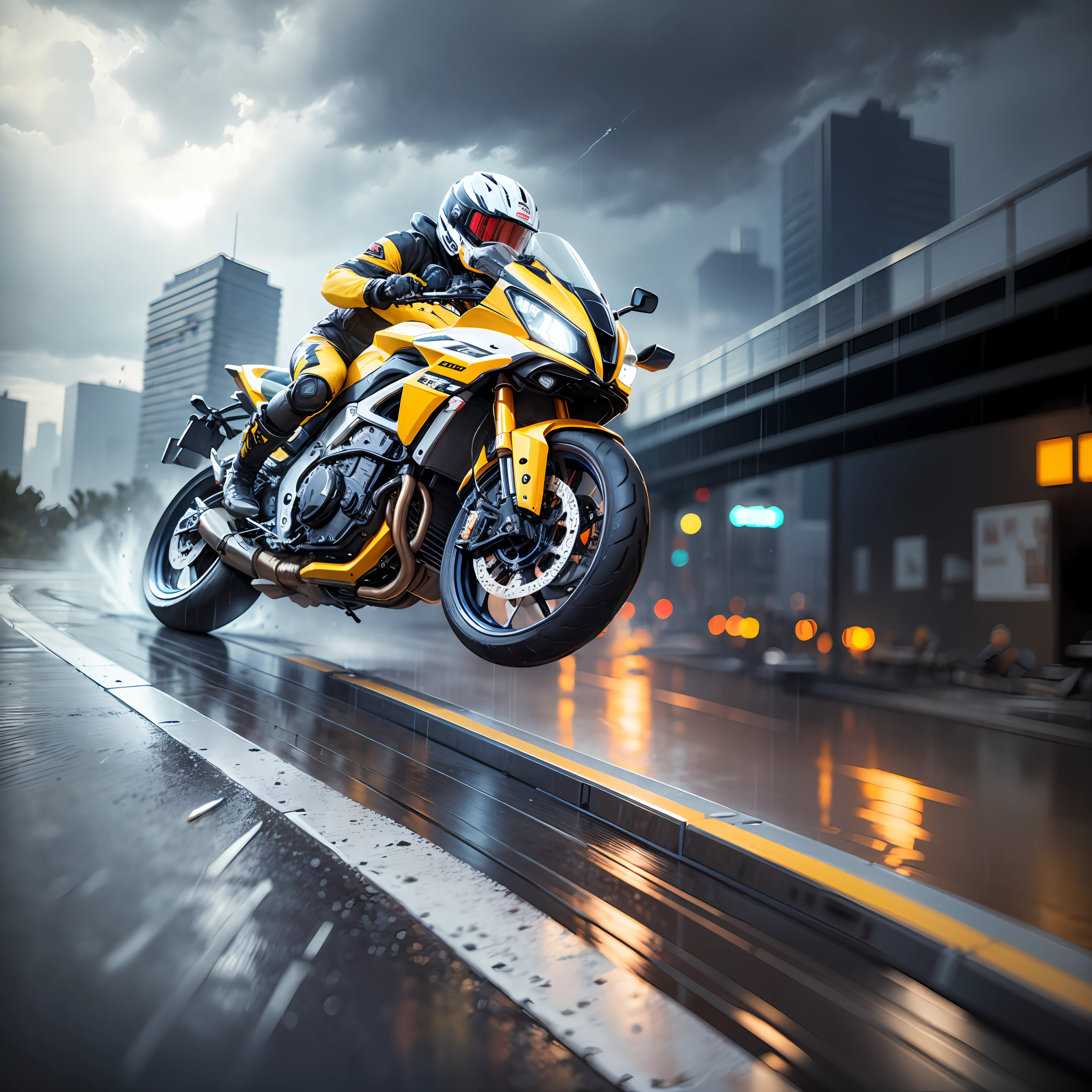 (masterpiece), best image quality, dynamic, (parkour + extreme sports): 1.2, rampage, motorcycle drifting, (1 man and 1 woman), (black + yellow: 1.1 + white, red helmet), high-speed driving, rainy night track, (taillight + pendant), light and shadow interlacing, sharp lens effect, rainstorm intoxicating. --auto --s2