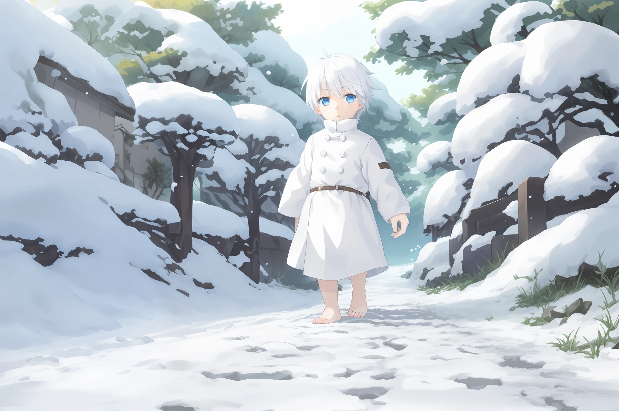 On a snowy day, walking barefoot on the snow, white clothes, white hair, blue eyes, short hair, little Shota