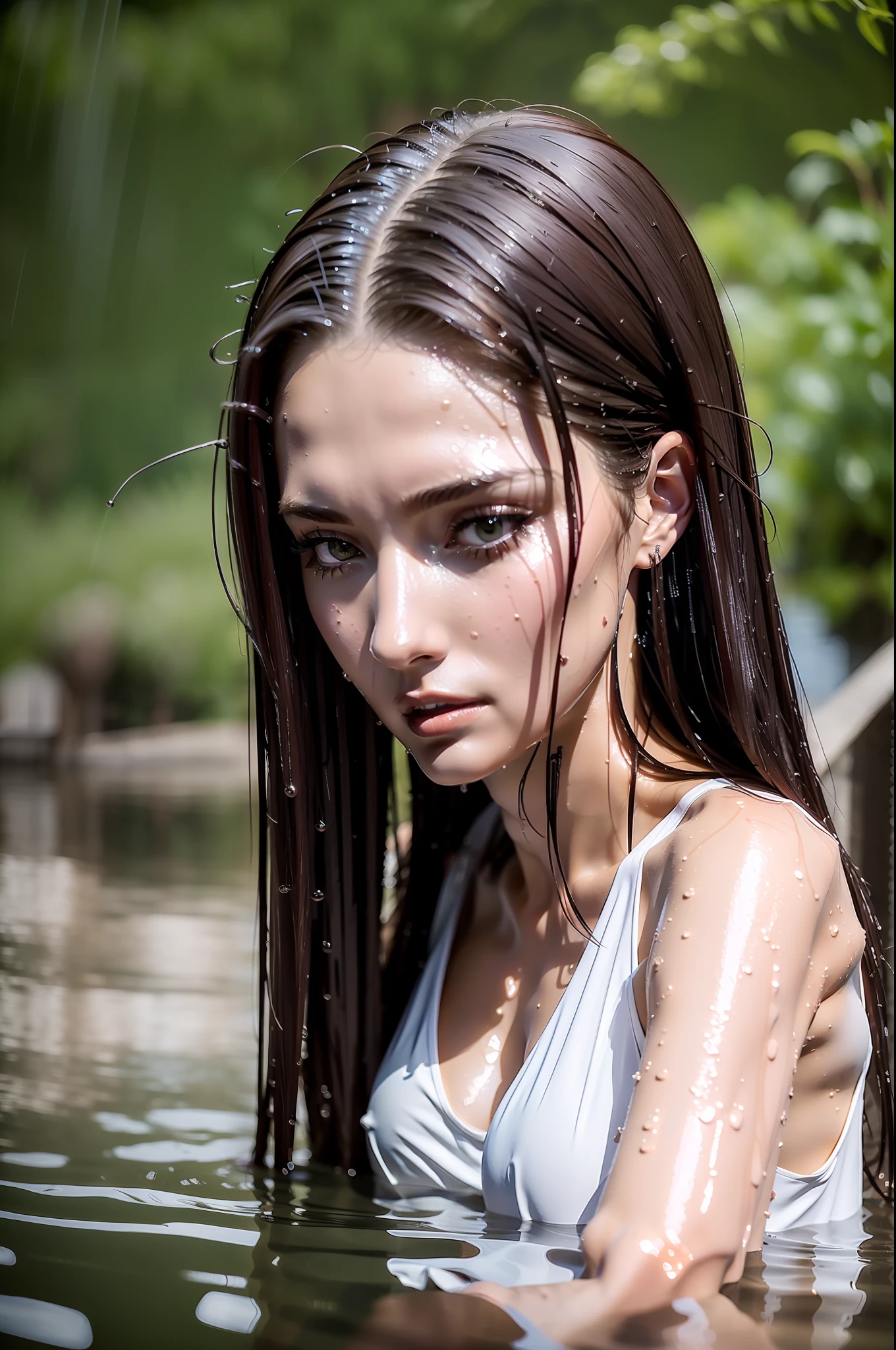 (tall woman with slender figure), (she sits in shallow water in rainy weather), ((dark red very long hair)), (small head), ((detailed realistic face and eyes)), cinematic lighting, 8K resolution, ((long white dress)), ((very wet shirt)), ((wet hair))