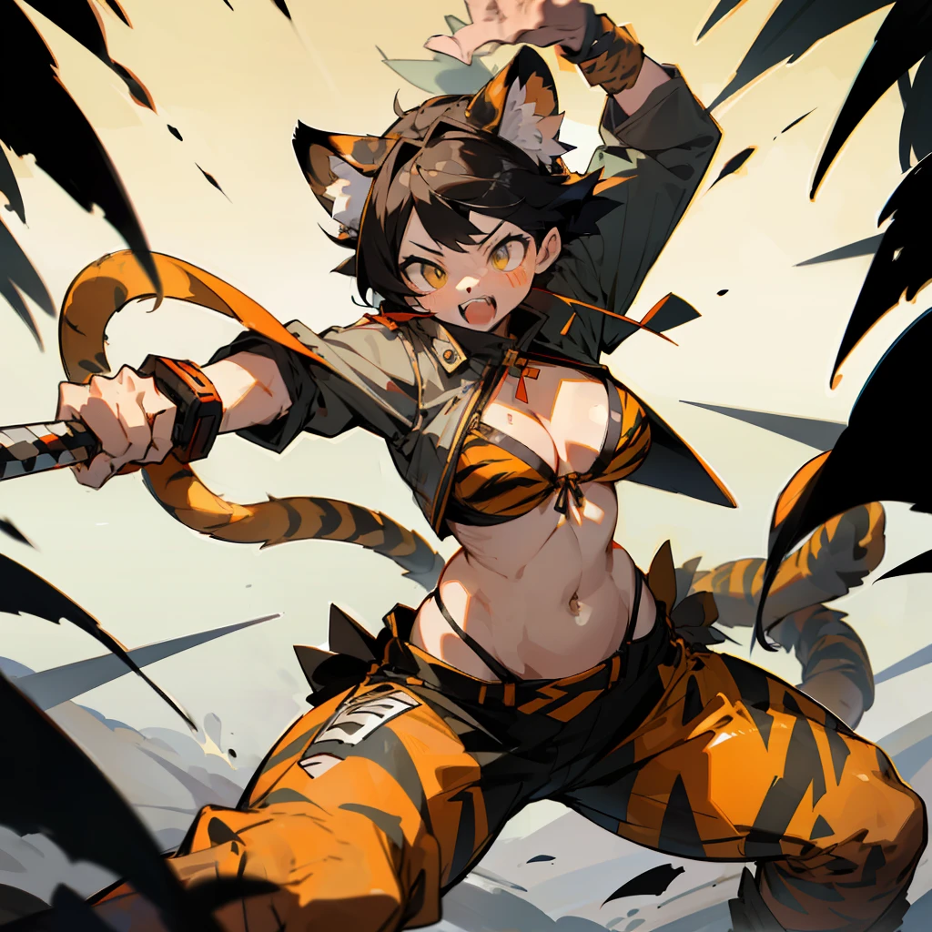 Masterpiece, Hyper Quality, Hyper Detail, Perfect Drawing, 1 Beautiful Girl, Tiger Print Bikini (Micro Bikini 1.3), Tiger Ears, Tiger Tail, Tiger Palm, Tiger Po, Tiger Fingers, Sharp Claws, Sharp Fangs, Hunter's Eyes Aiming at Prey, Black Hair and Blonde Mesh, Sharp Eyes, Height 177cm (3 Size B95W60H90) , Open stance, action pose, brave perspective, gripping the hilt of the sword strongly with both hands, thrusting the tip of the sword towards the camera, bold perspective composition, super huge sword, blade that reflects light and shines,