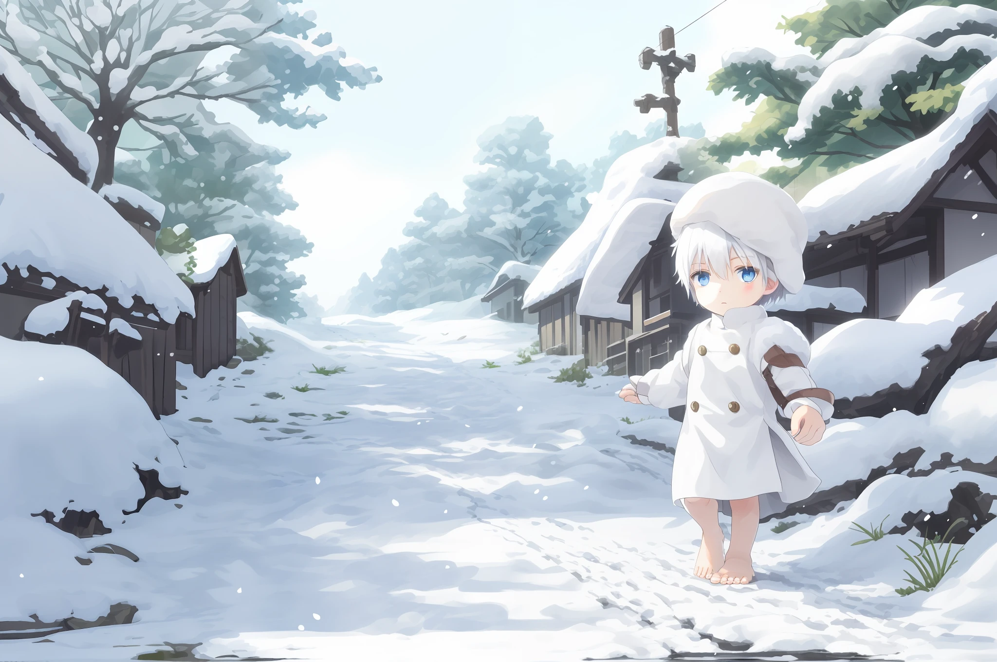 On a snowy day, walking barefoot on the snow, white clothes, white hair, blue eyes, short hair, little Shota