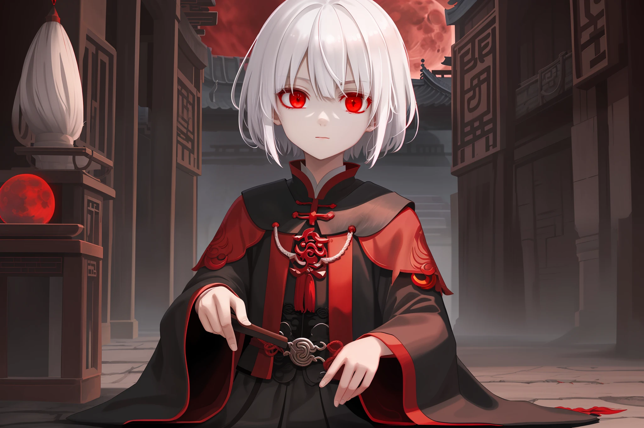 Under the blood moon, the robe has short hair, white hair and red eyes, and Xiaozhengtai