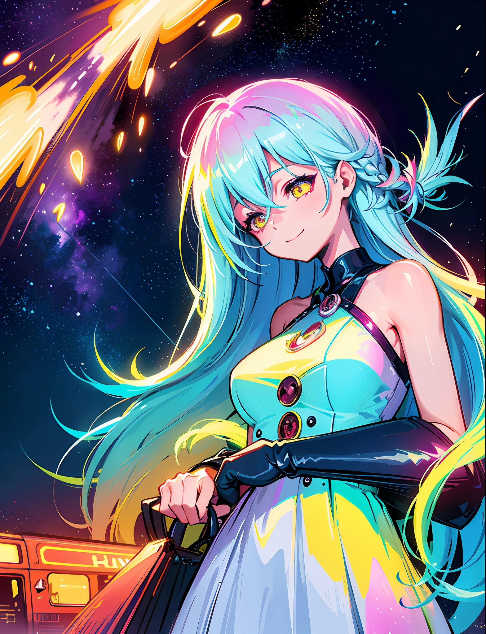 A steep chic train on a wet road. ,neon lights, neon galaxies, huge crystal moon, starry sky,,happy, peaceful, , in love Hemp, leaf,marijuana,cannabis,((illustration)), colorful, wallpaper, energy, secret,