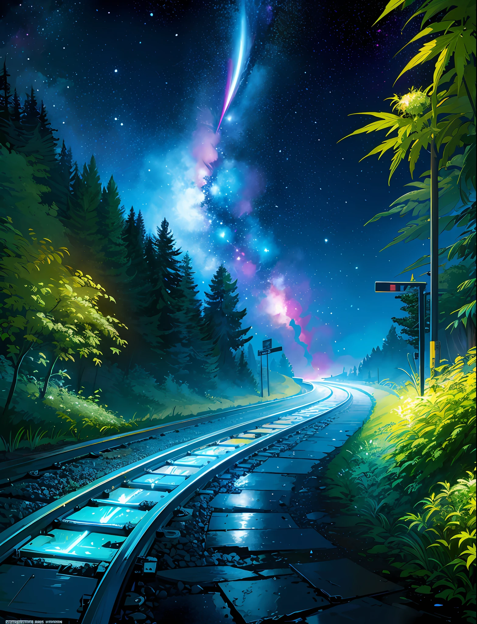 A steep chic train on a wet road. ,neon lights, neon galaxies, huge crystal moon, starry sky,,happy, peaceful, , in love Hemp, leaf,marijuana,cannabis,((illustration)), colorful, wallpaper, energy, secret,