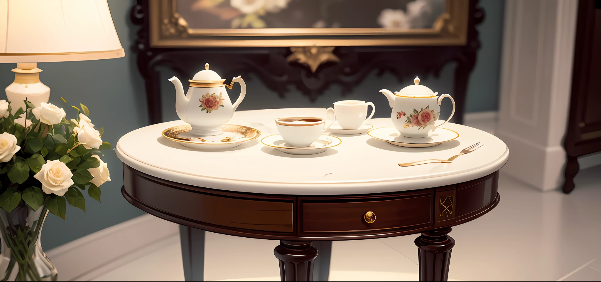 American coffee close-up, coffee detailed close-up, premium texture floral arrangement, crystal chandelier, light sofa side table, no saucer, light luxury, afternoon tea, white rose on the table, simple color scheme, modern decoration, movie view, accurate rendering, realistic and realistic image, 8k, photo, large aperture, kodak perspective, bright tones, UHD, f1.8