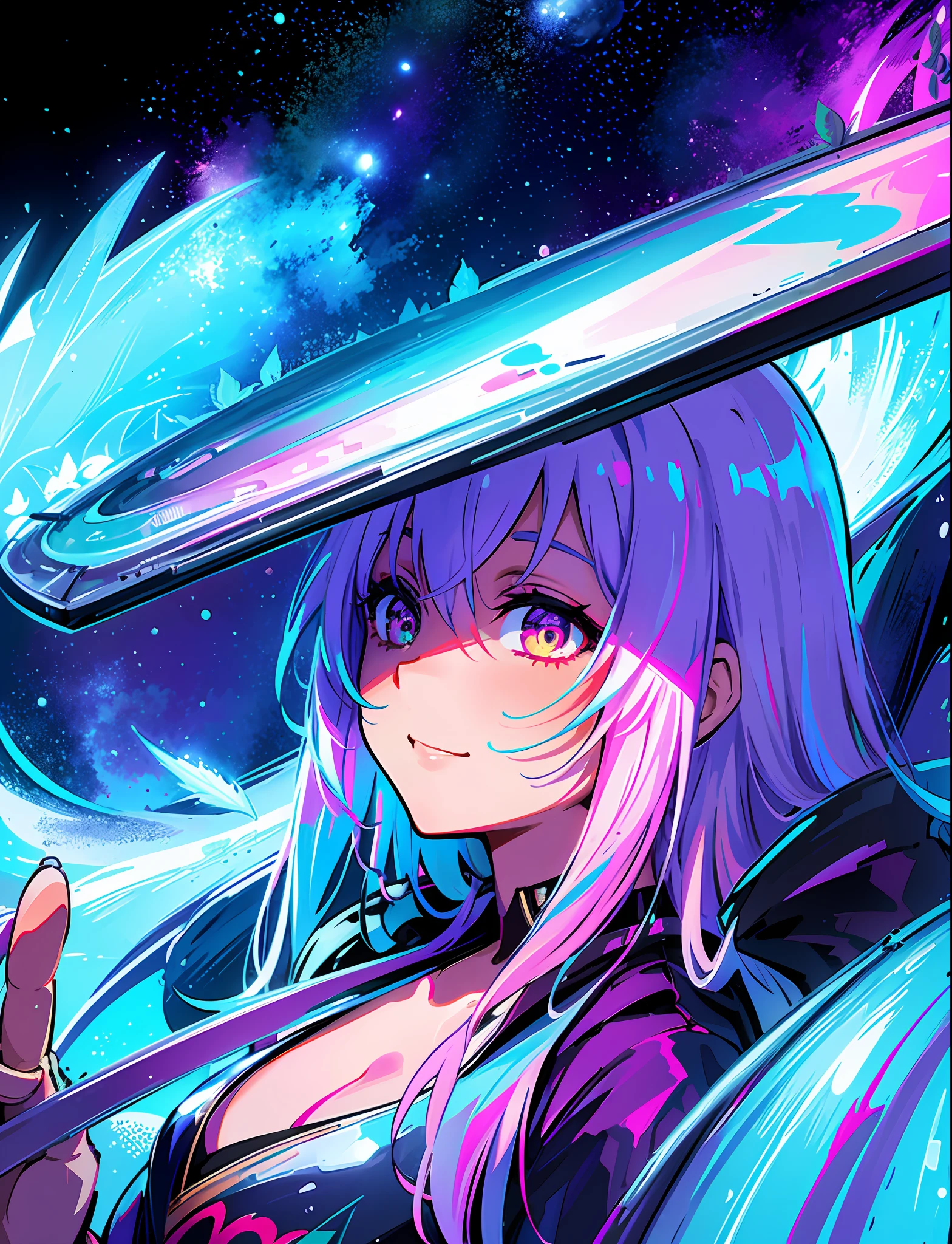A steep chic train on a wet road. ,neon lights, neon galaxies, huge crystal moon, starry sky,,happy, peaceful, , in love Hemp, leaf,marijuana,cannabis,((illustration)), colorful, wallpaper, energy, secret,