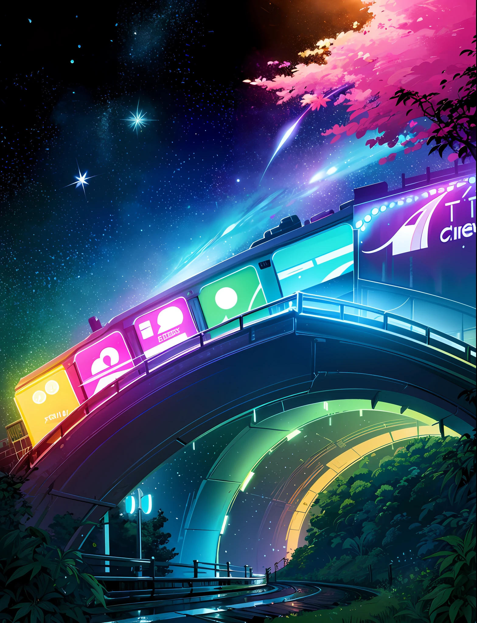 A steep chic train on a wet road. ,neon lights, neon galaxies, huge crystal moon, starry sky,,happy, peaceful, , in love Hemp, leaf,marijuana,cannabis,((illustration)), colorful, wallpaper, energy, secret,